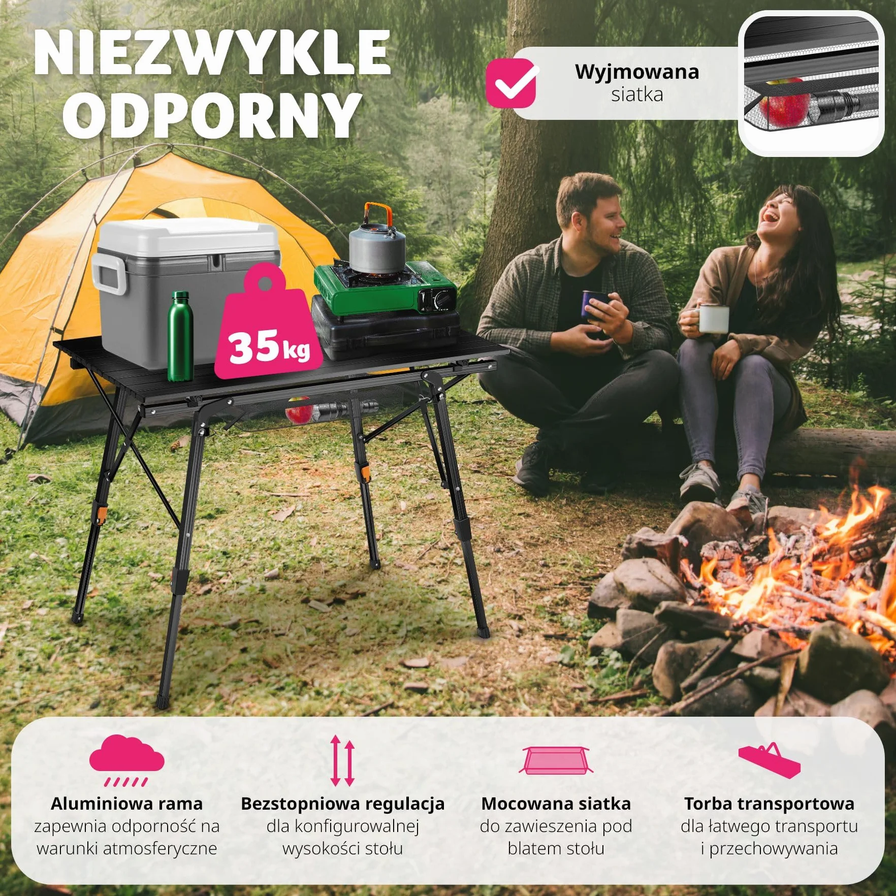 Tectake Stół Kempingowy Tina Składany Aluminiowy z Regulacją Wysokości Czarny
