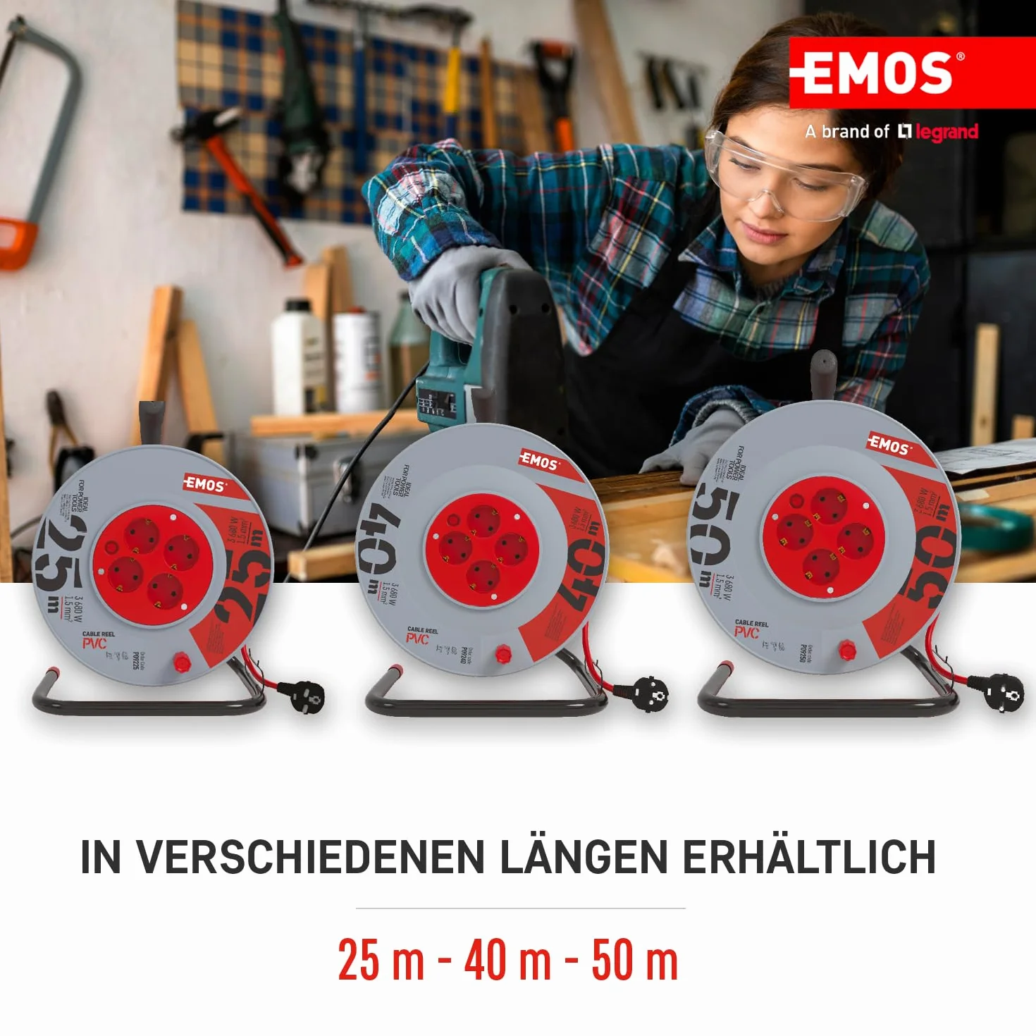 EMOS Bęben kablowy 50 m 4 gniazda Schuko 230 V 16 A 3680 W H05VV-F3G 1,5 mm² IP20