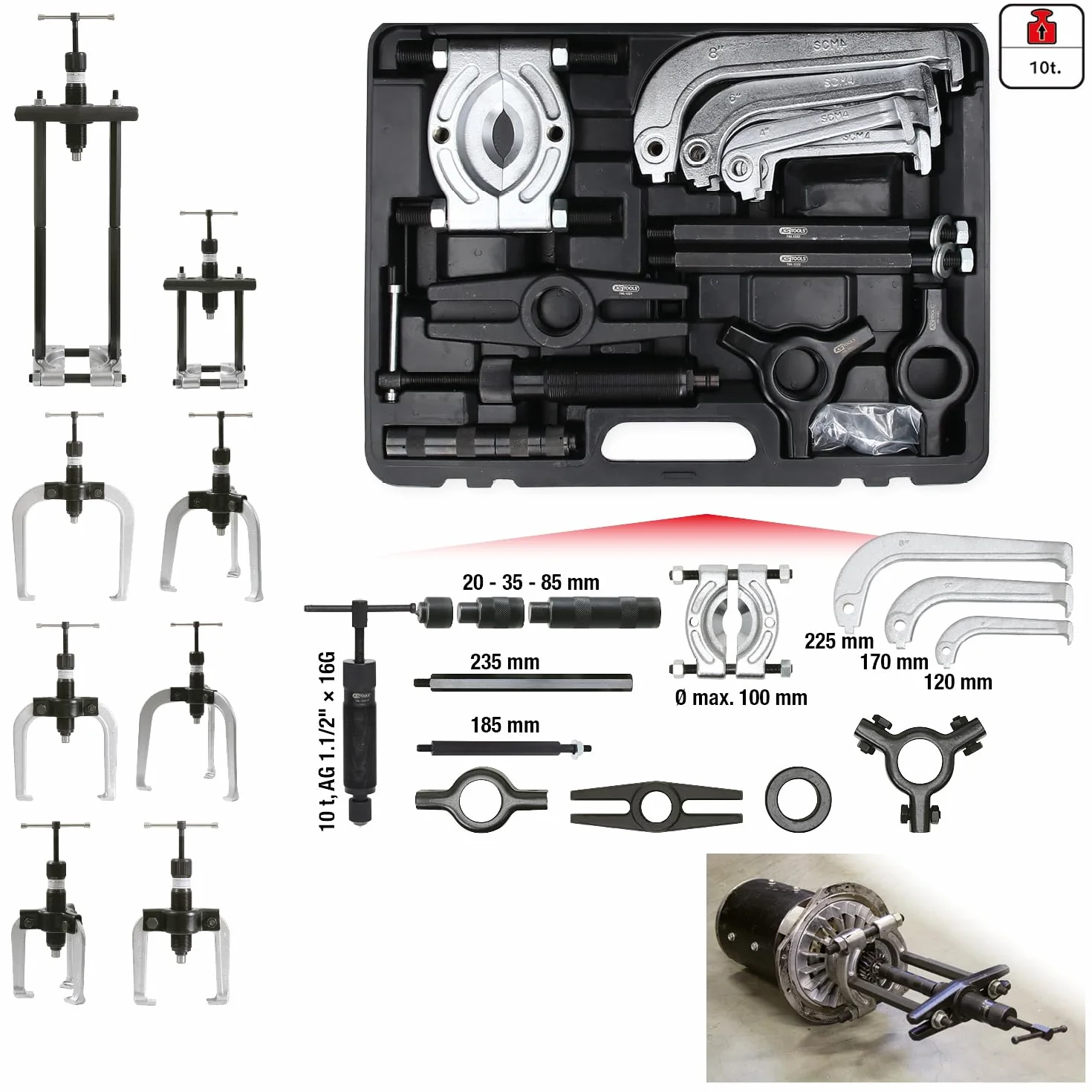 KS Tools 700.1200 Uniwersalny sciagacz hydrauliczny2-ramienny, 3-ramienny, 22-szt
