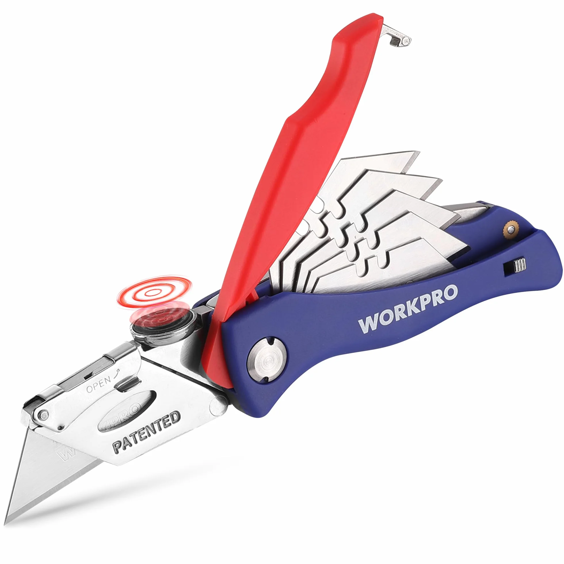Workpro Profesjonalny kieszonkowy składany nóż narzędziowy z mechanizmem szybkiej wymiany, z 5 dodatkowymi ostrzami trapezowymi SK5 w uchwycie, obcinak do dywanów, tkanin, skóry, PVC, kartonu, papieru