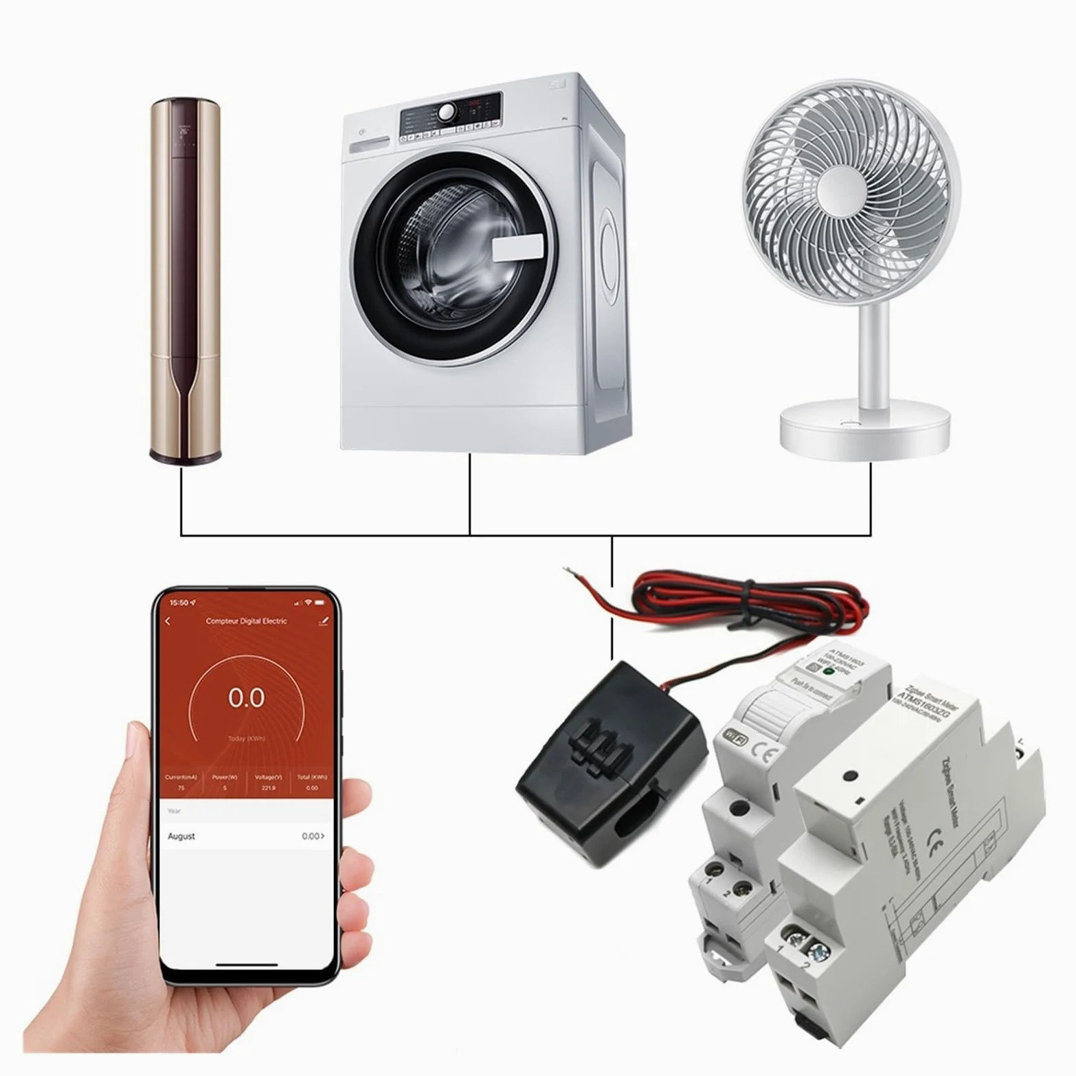 Tuya Smart WiFi Zigbee Licznik Energii Elektrycznej KWH Na Szynę Din Jednofazowy AC 50A 63A CT Miernik Prądu Przemiennego Aplikacja Monitor W Czasie Rzeczywistym Moc Monitorowanie Energii(Zigbee,63A)