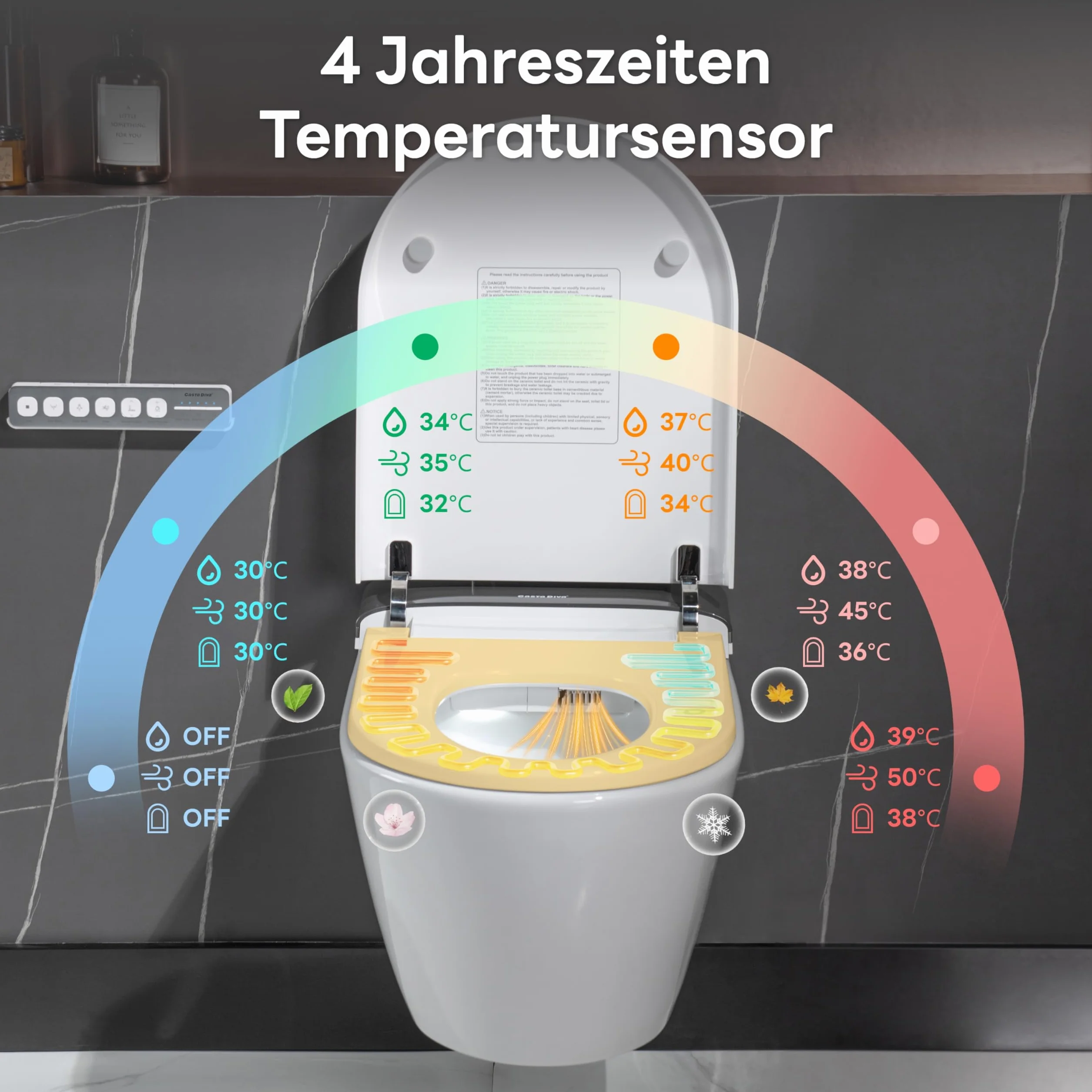 Casta Diva WC z bidetem kompletny zestaw z UV-sterylizacją, wiszące WC z funkcją bidetu, podgrzewane siedzenie, funkcja odkamieniania i neutralizacji zapachów, automatyczne otwieranie i zamykanie