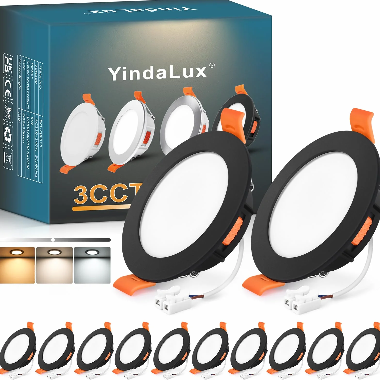 YindaLux LED reflektor do zabudowy 230 V ściemniany 5 W 550 lm reflektor sufitowy czarny płaski reflektor LED 230 V 65-75 mm IP44 łazienka reflektor do zabudowy 2700K 4000K 6500K zestaw 12 sztuk