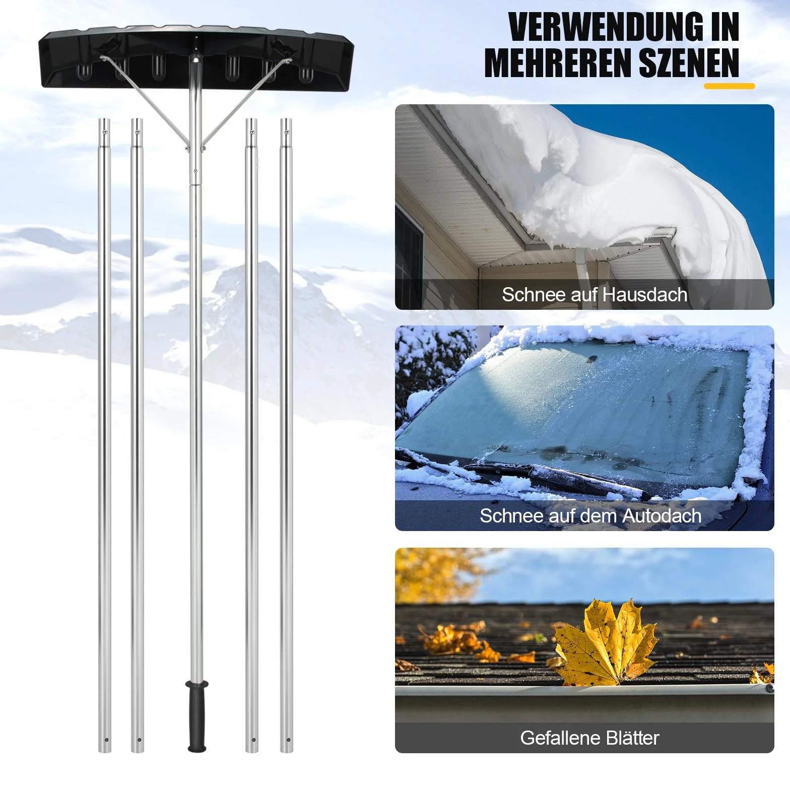 COSTWAY szufla do śniegu na dach, zakres regulacji 148-608 cm, odśnieżarka aluminiowa, szufla dachowa z antypoślizgowym uchwytem i plastikowym ostrzem, szufla do śniegu, odśnieżarka dachowa do
