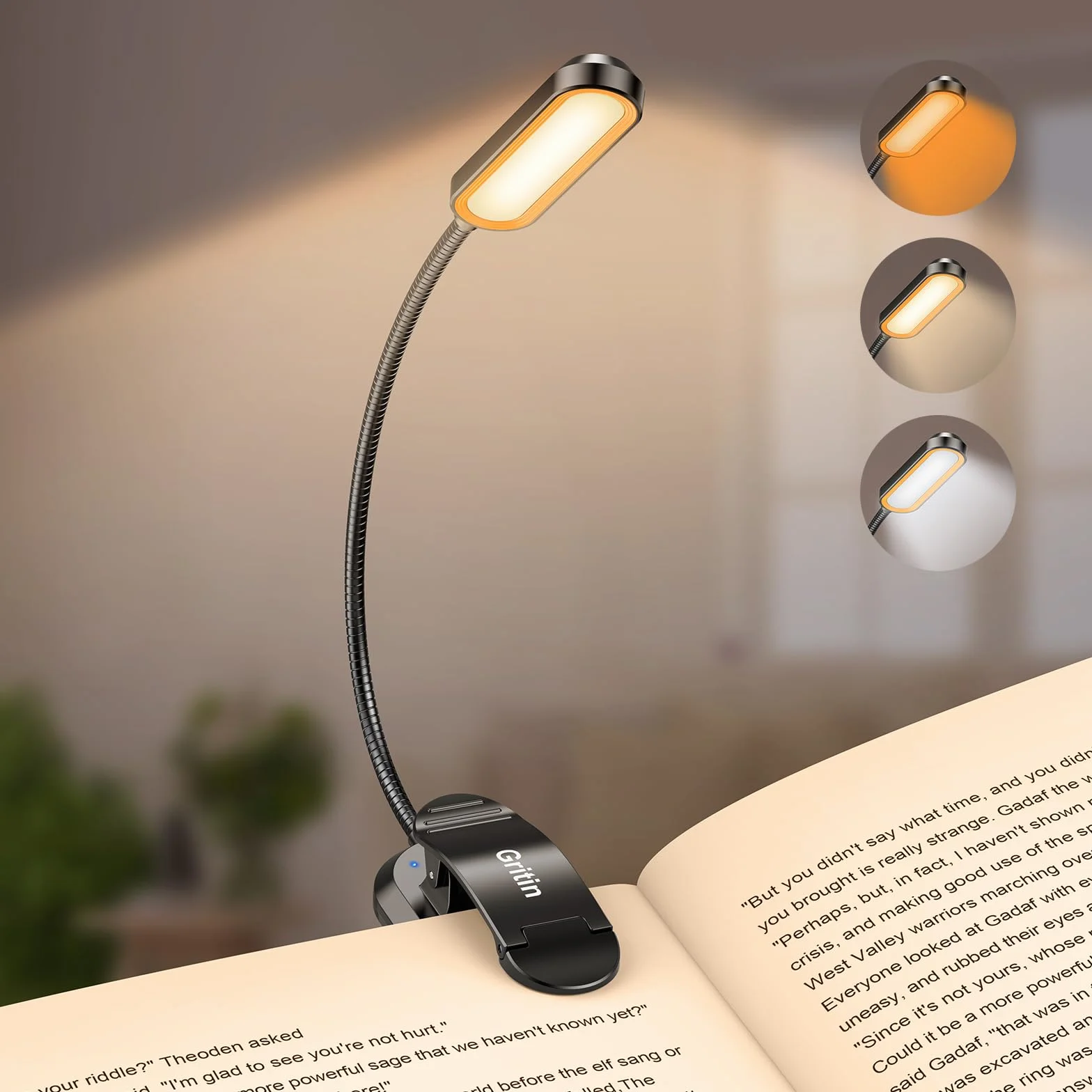Gritin 11 LEDs Lampka do Czytania, Ładowane Lampa do Czytania z Klipsem, 3 Trybami Temperatury Barwowej, 360° Elastyczna dla Czytelników