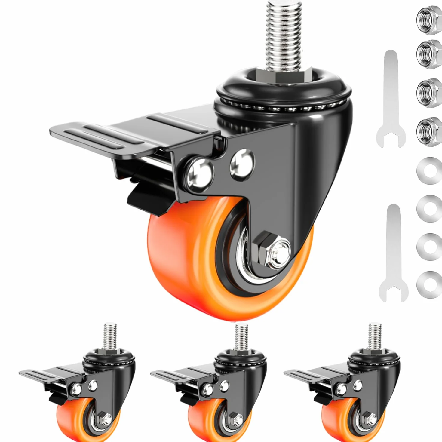 Kółka jezdne, wytrzymałe, 2-calowe, trzpień 1/2"-13 x 1 (średnica trzpienia 1/2", długość trzpienia 1"), zestaw 4 kółek z blokadą bezpieczeństwa, przemysłowe kółka jezdne do wózków i mebli