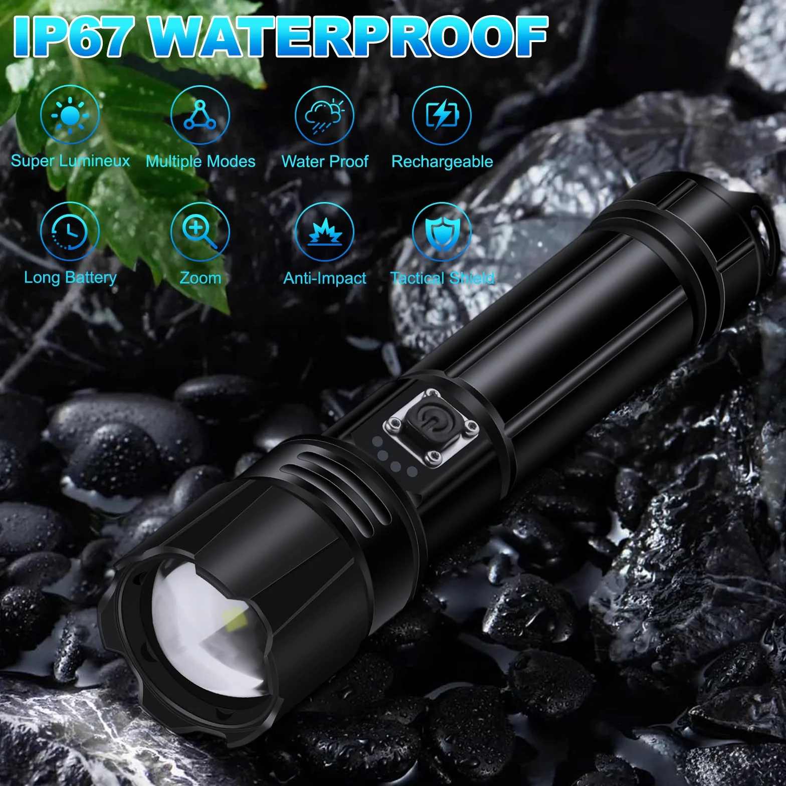 Latarka LED Ładowana 500000 Lumenów Niezwykle Jasna Powiększalna Latarki Taktyczne Mocne, Wodoodporna IP67, do Campingu Wędrówek Sytuacji Kryzysowych Outdoor Wędkarstwa, z Pokrowcem + Kompasem