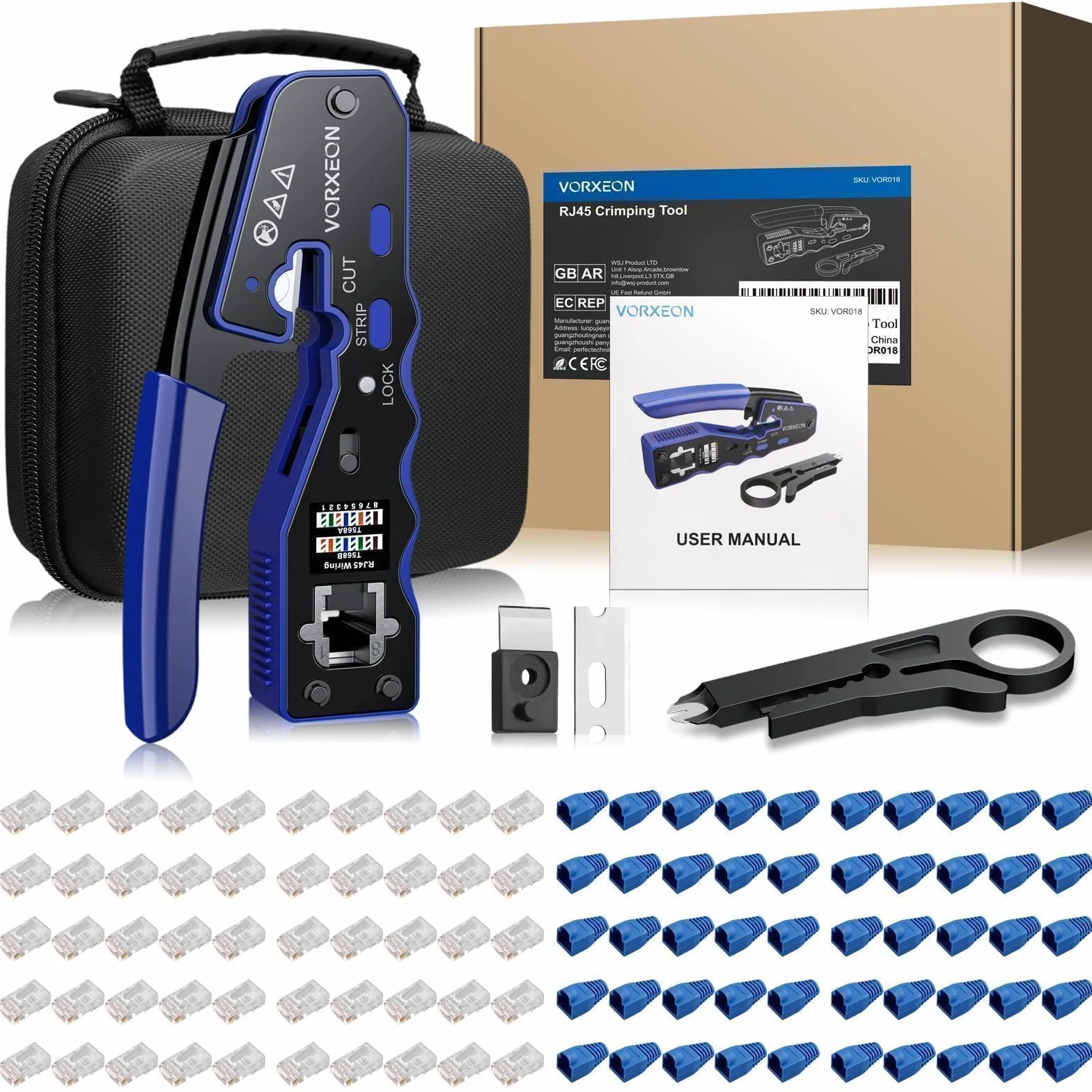 rj45 zestaw narzędzi do zaciskania Ethernet Cat 6, zaciskarka przelotowa z mini striptizerką przewodów, 50 szt. kryształów przelotowych Cat6