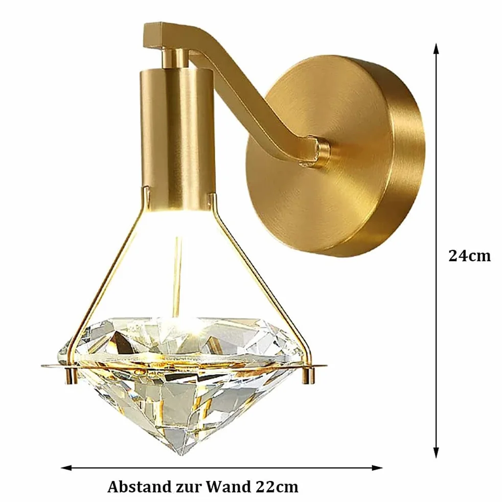 Kryształowa lampa ścienna LED kryształowa diamentowa lampa ścienna 3W ściemnialna lampka nocna 3000K-6000K, mosiężna lampa, nowoczesne oświetlenie wewnętrzne
