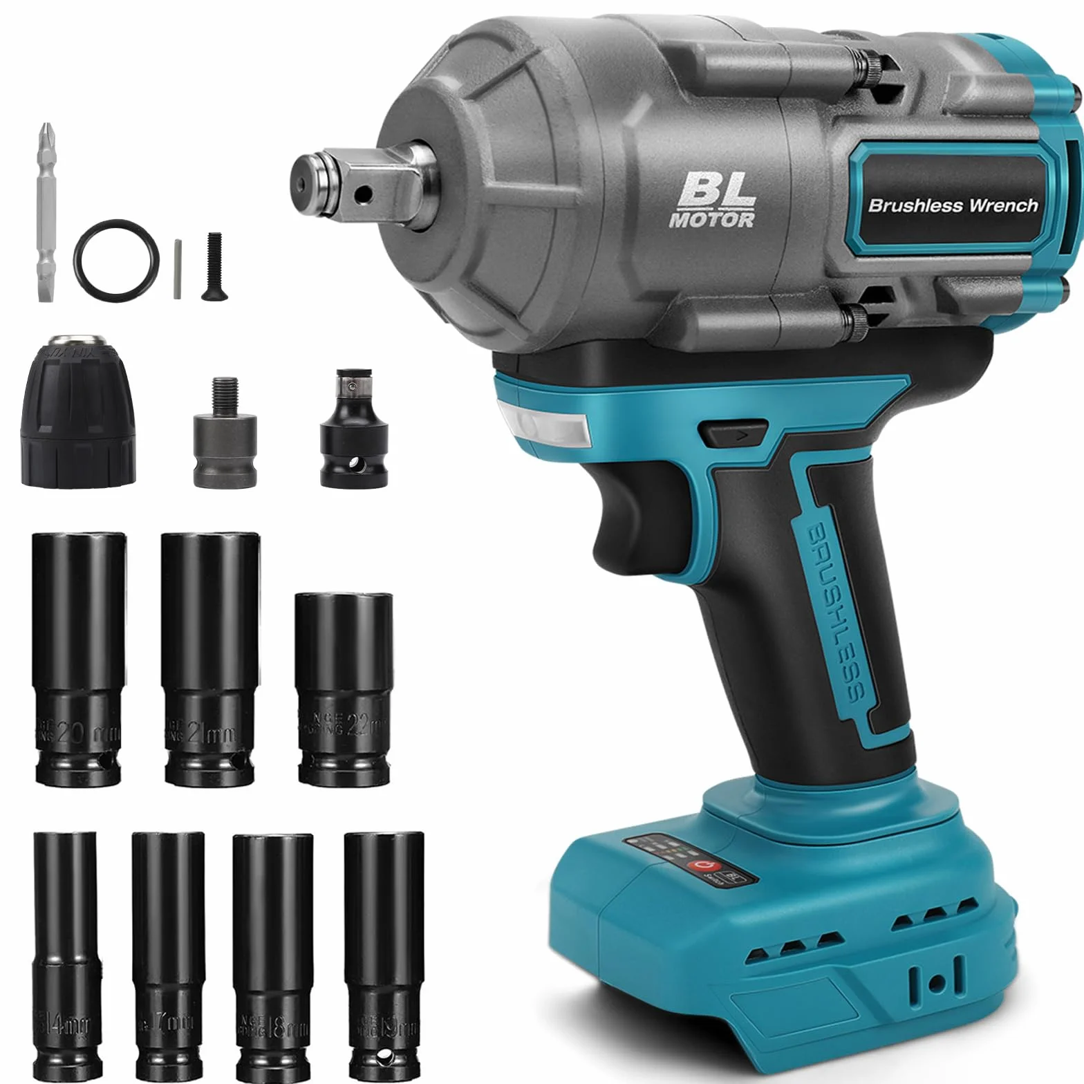 Akumulatorowa wkrętarka udarowa kompatybilna z Makita 18 V, 1100 Nm, wkrętarka udarowa 1/2 cala, bezszczotkowy klucz płaski z kluczem nasadowym, adapter klucza nasadowego (bez baterii)