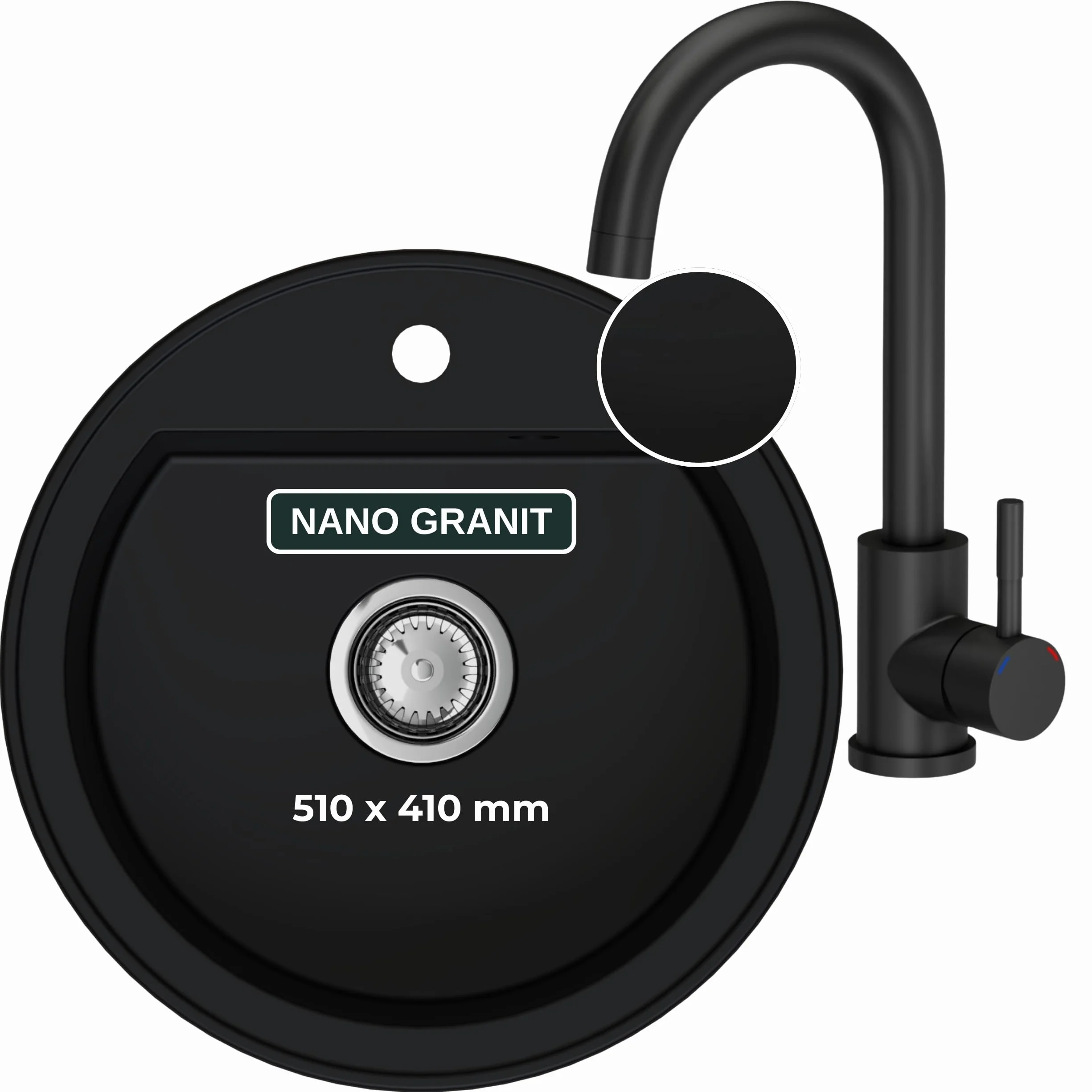 SINK Quality zlewozmywak okrągły z armaturą Ø 51 cm – zlewozmywak granitowy czarny z kranem, syfonem i impregnacją – okrągły zlewozmywak kuchenny z granitu do szafek dolnych o szerokości od 55 cm