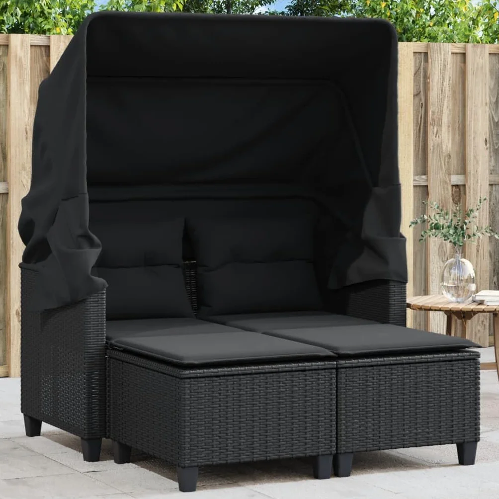 vidaXL 2-os. sofa ogrodowa z daszkiem i podnóżkami, czarna, rattan PE