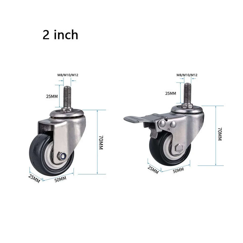 Gwint M8 / M10 / M12 kółka skrętne do mebli 1,5"/ 2" (50 mm) stal szlachetna 304 uchwyt rolki do dużych obciążeń 300 kg cicha skóra PU z hamulcem, małe kółka do stołu, biurka, wózka dziecięcego 4 sztuki