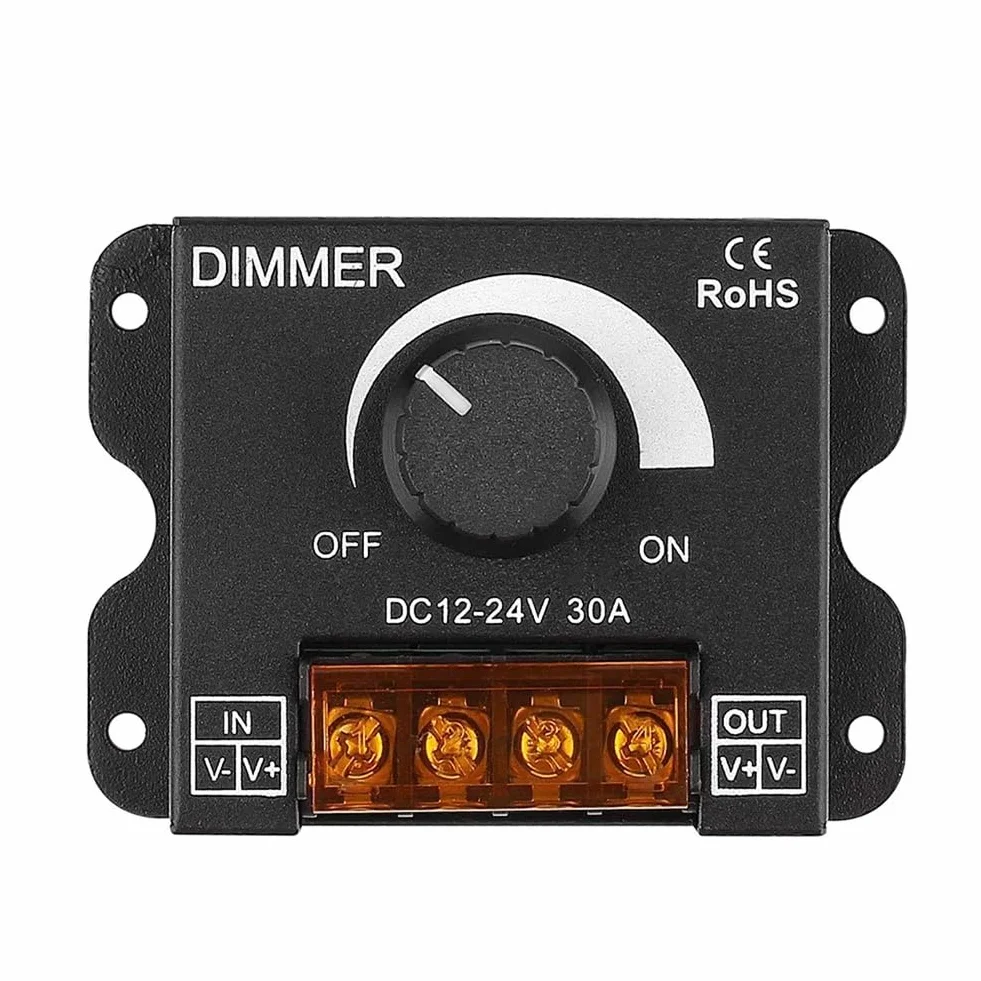 Taśma LED ściemniacz, DC 12 V-24 V 30 A PWM regulator ściemniania, z przyciskiem wł./wył. do regulacji jasności, ściemniacz LED, aluminiowa obudowa, pasuje do taśm świetlnych LED 5050 3528