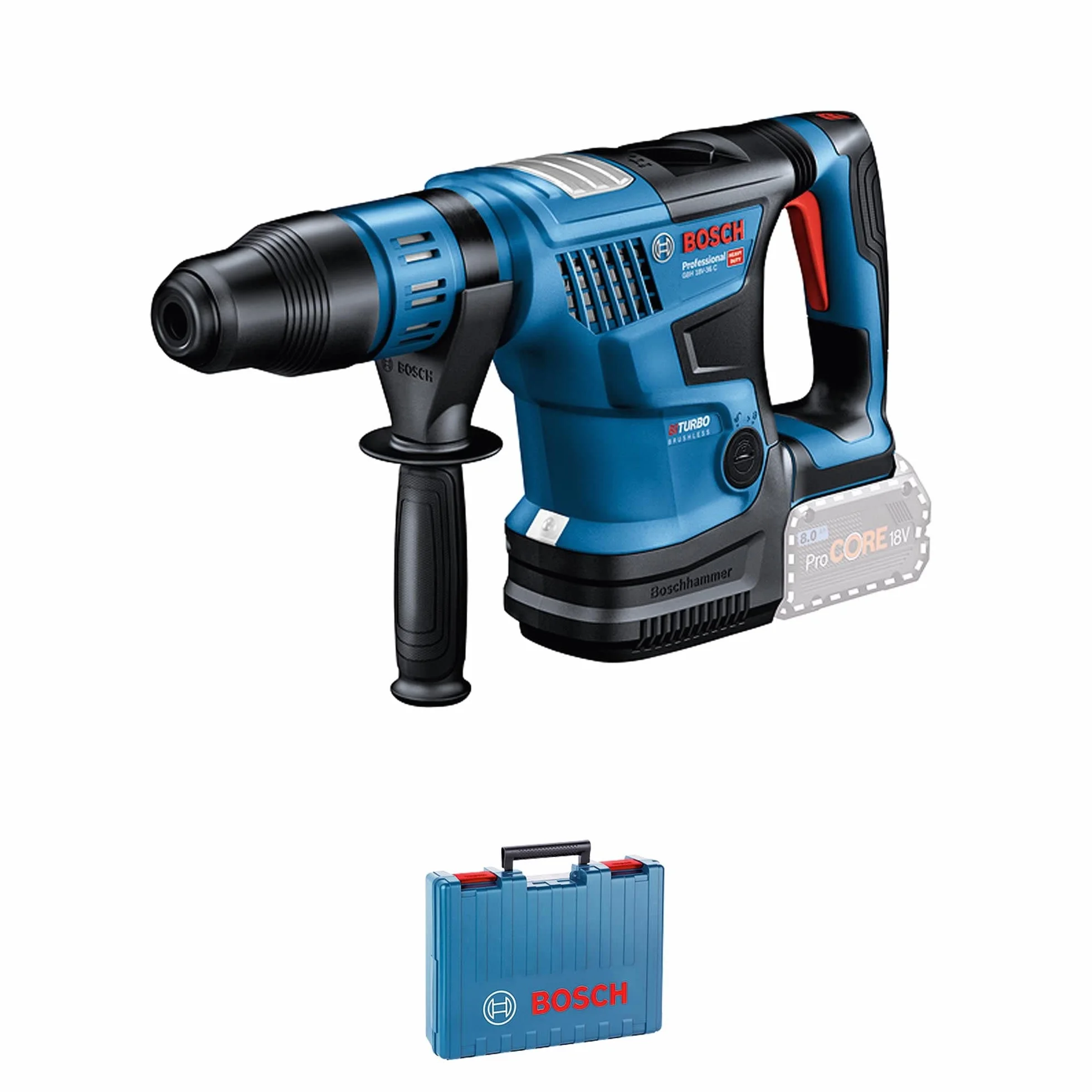 Akumulatorowy młot udarowo-obrotowy BITURBO GBH 18V-36 C Bosch Professional (SDS max, bez akumulatorów i ładowarki, moduł Bluetooth GCY 42, rękojeść dodatkowa, sukno maszynowe, smar w tubie, walizka)