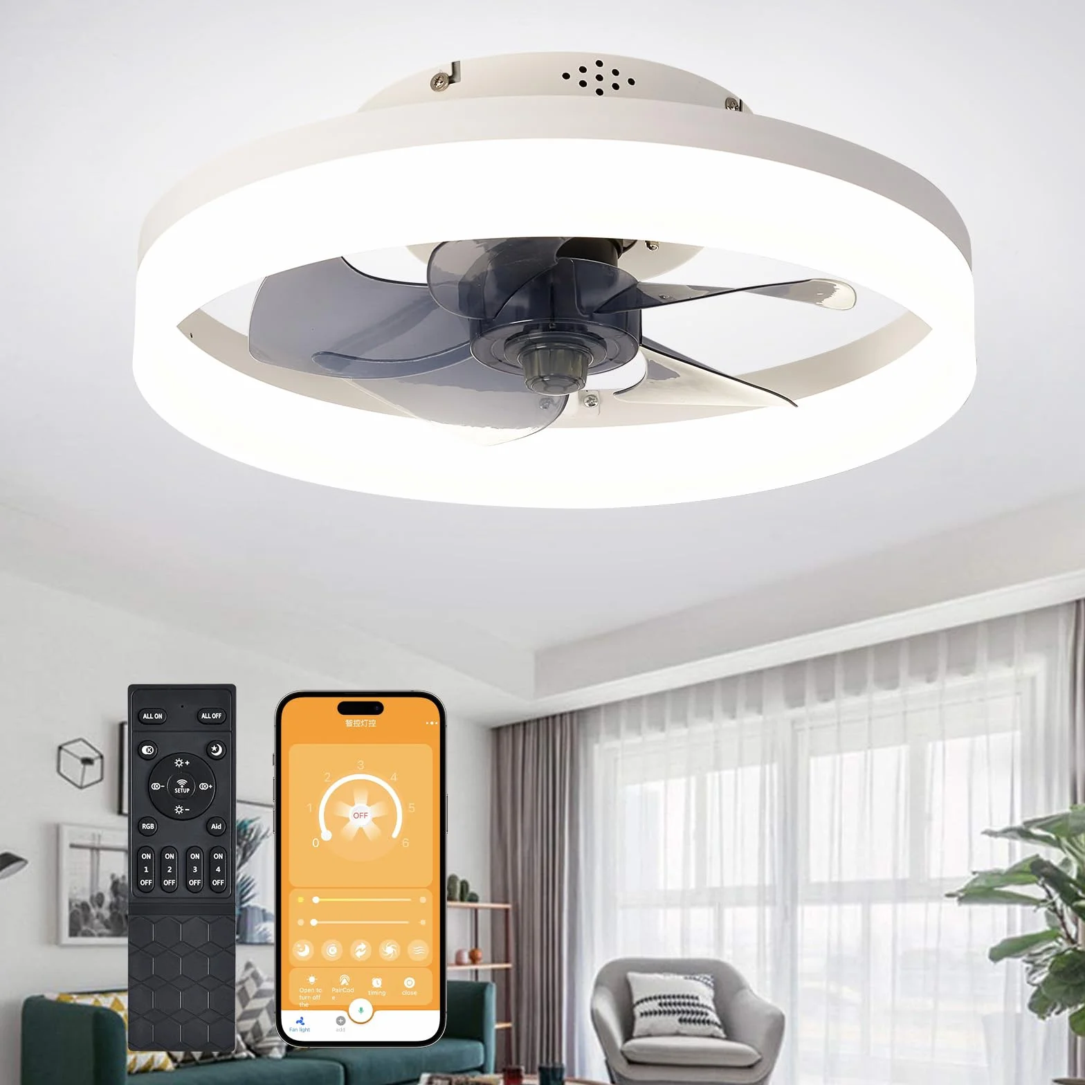 Wentylator sufitowy 40 cm z oświetleniem LED, 6 prędkości, odwracany, pilot, aplikacja