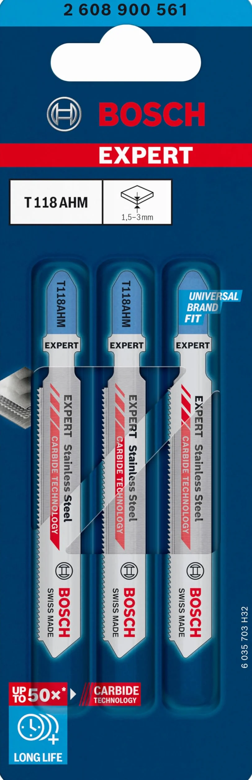 Bosch 3x Brzeszczot do wyrzynarki EXPERT Stainless Steel T118AHM (do Blachy stalowe ze stali nierdzewnej, Długość 83 mm, Professional Akcesoria Wyrzynarka)