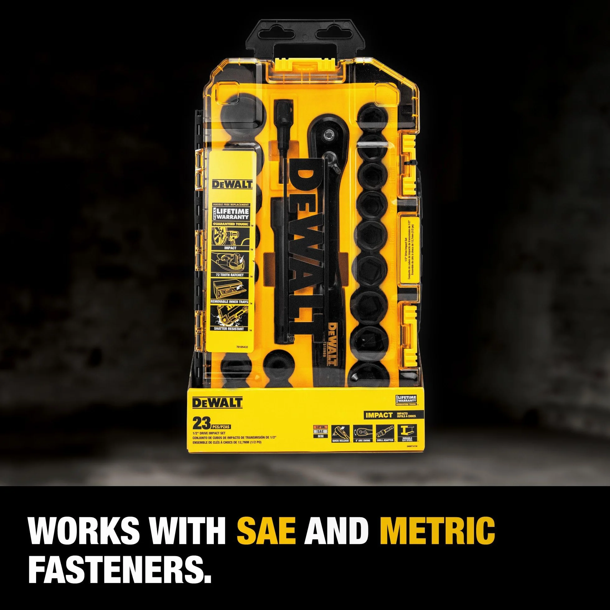 DEWALT Zestaw nasadek udarowych z grzechotką, napęd metryczny/SAE, 1/5.1 cm, 23-częściowy zestaw z etui (DWMT74739)