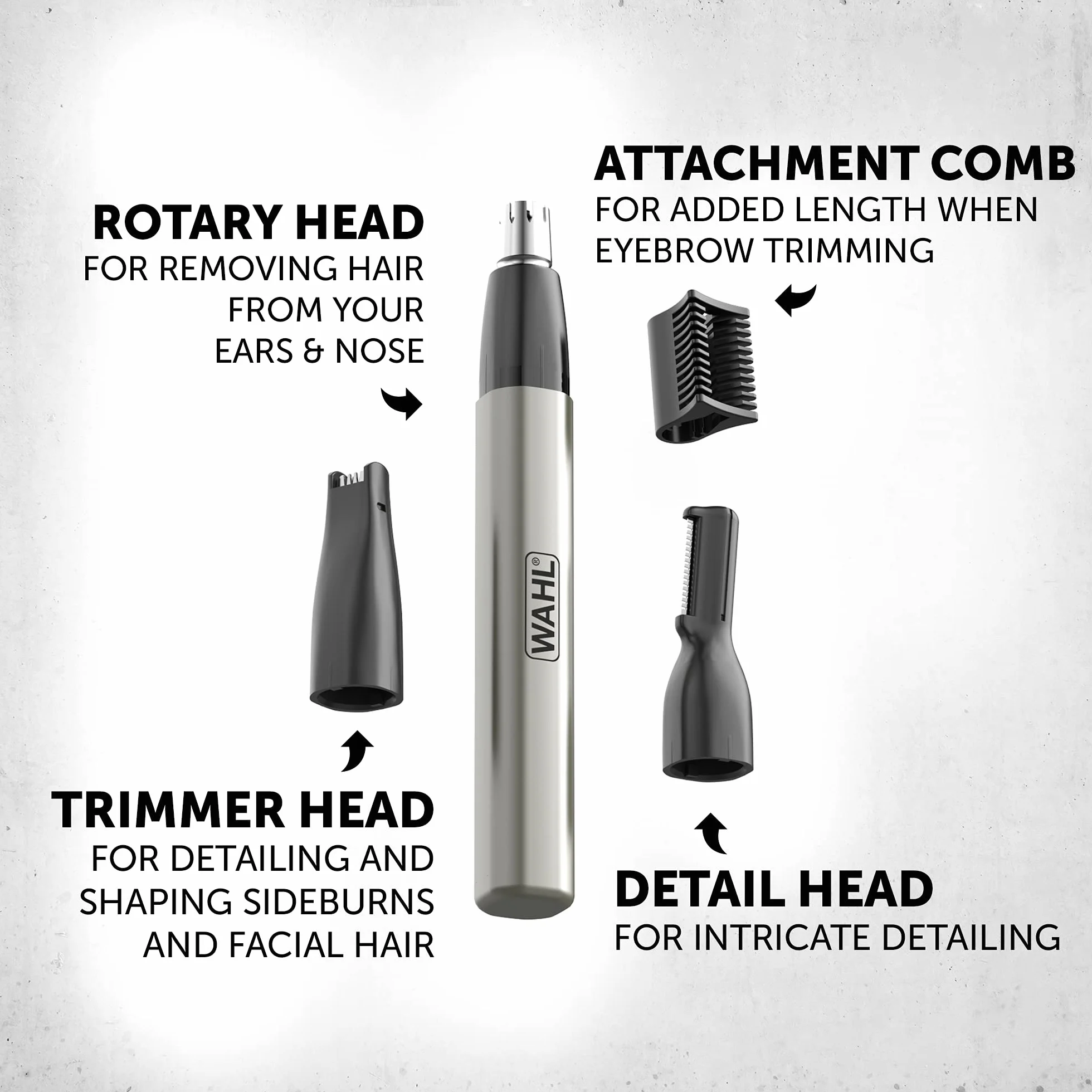 WAHL Micro Groomsman, 3 in 1, Precyzyjny Trymer do Uszu, Nosa i Zarostu, Obrotowy trymer do nosa/uszu, Zasilany na Baterię, Wodoodporne Końcówki, Wodoodporne Końcówki o Długiej Żywotności