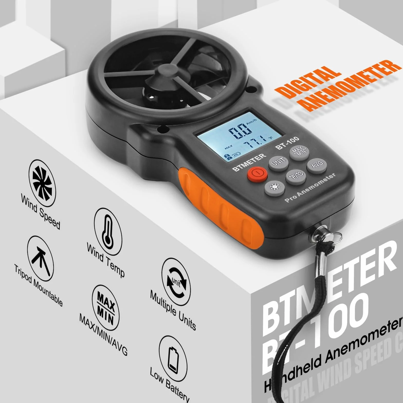 BTMETER BT-100 cyfrowy anemometr ręczny miernik prędkości wiatru 10-45°C