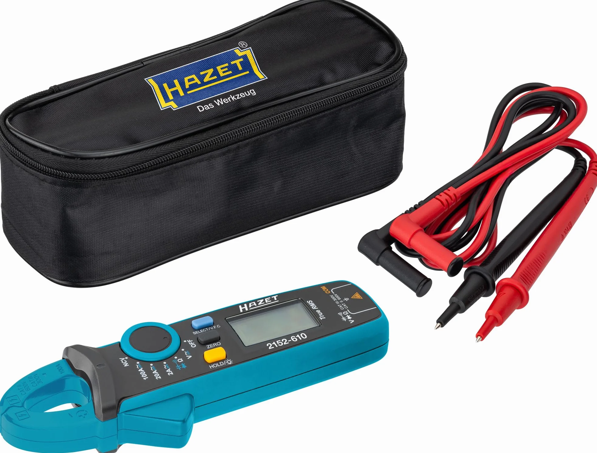 HAZET Cyfrowy zacisk prądowy 2152-610, kompaktowy, do napięcia, prądu i oporu, z podświetlanym wyświetlaczem LCD, funkcją NCV, akcesoria w zestawie.
