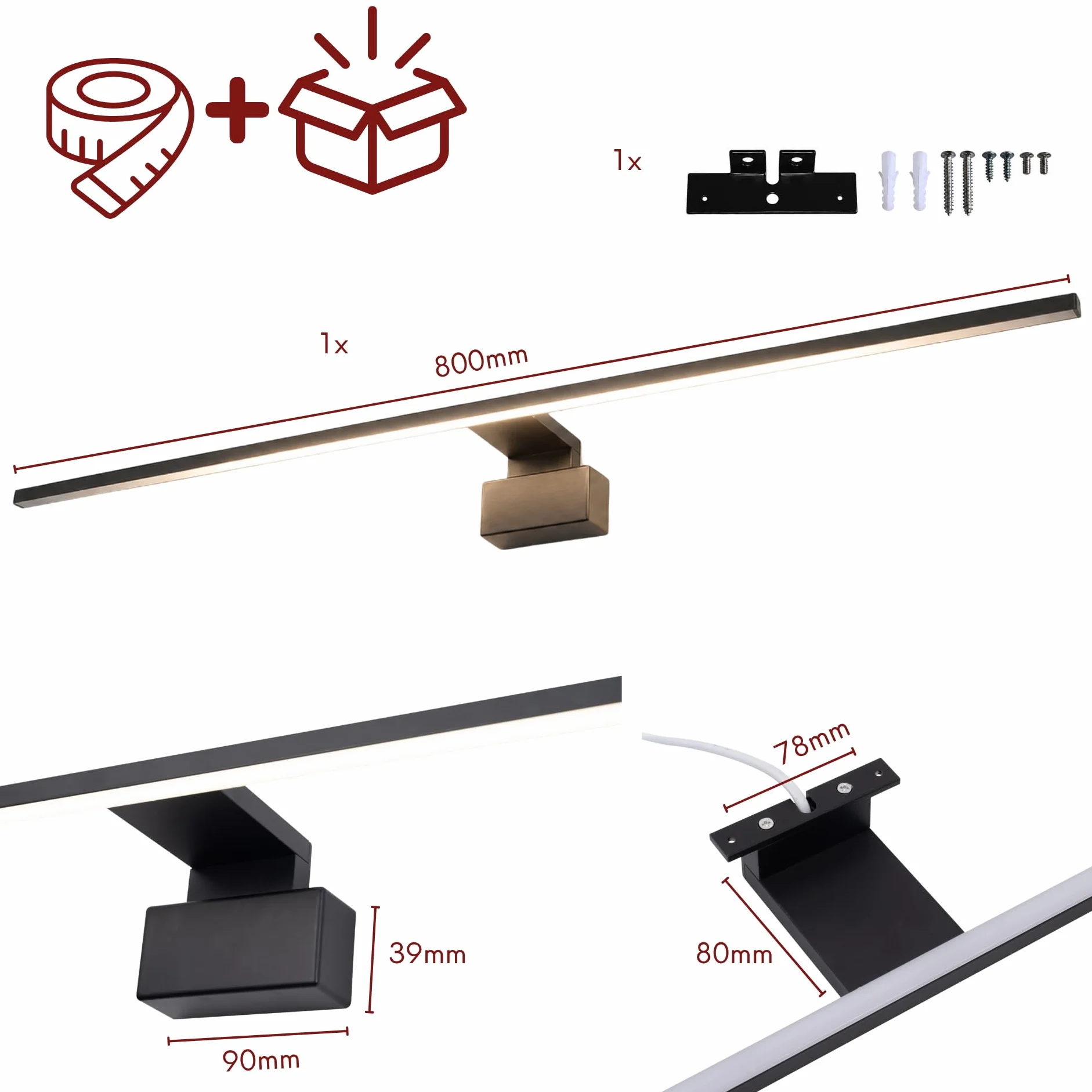 Kalb Running Light lampa łazienkowa LED, 80 cm, IP44, oświetlenie lustra z efektem strumienia świetlnego, 230 V, lampa łazienkowa na ścianę lub szafkę z lustrem, czarna/chrom, 3000 K/4000 K (czarna