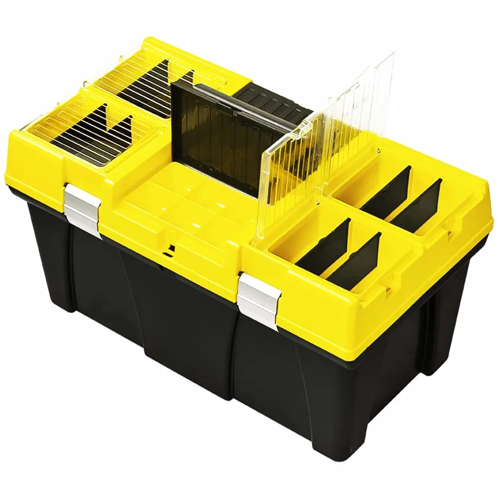 Walizka narzędziowa z tworzywa sztucznego, 595 x 337 x 316 mm, żółta, czarna, organizer z przezroczystymi pokrywkami, regulowanymi ściankami działowymi, transport do garażu, warsztatu