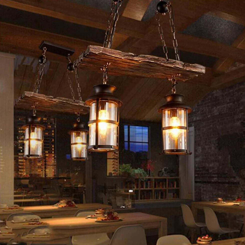 Lampa wisząca w stylu vintage, żyrandol z drewna, metalu, E27, rustykalna, liniowa, lampa sufitowa do salonu, jadalni, restauracji, kawiarni, hotelu, przedpokoju, piwnicy, piwnicy