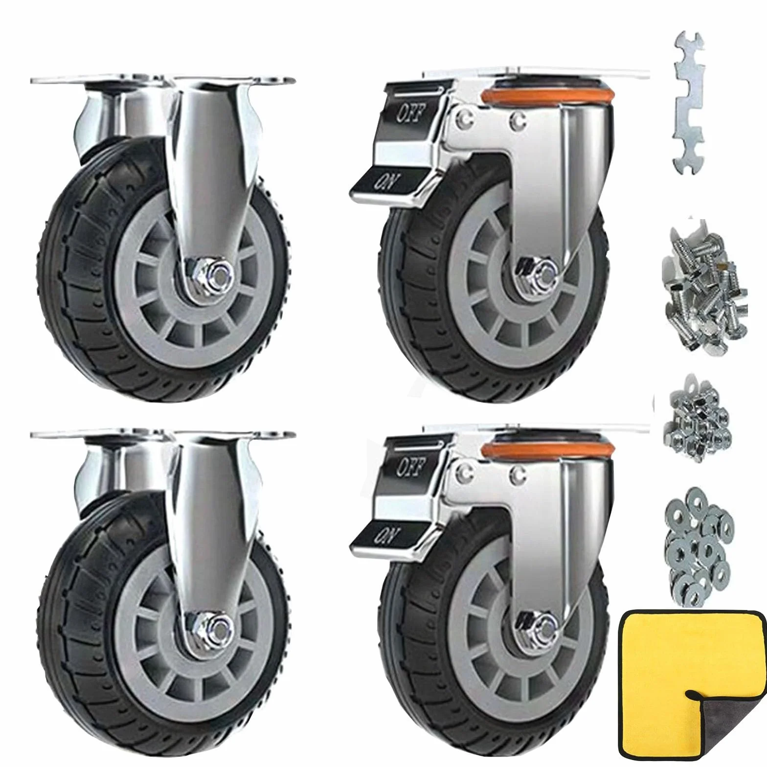 Rolki z podwójną blokadą bezpieczeństwa, zestaw 4 kółek, Heavy Duty, maks. obciążenie, 2000 lBS, do koszyka na zakupy, mebli, stołu warsztatowego (czarne, 10 cm/4", 2 szt. stałe koła + 2 szt. blokady