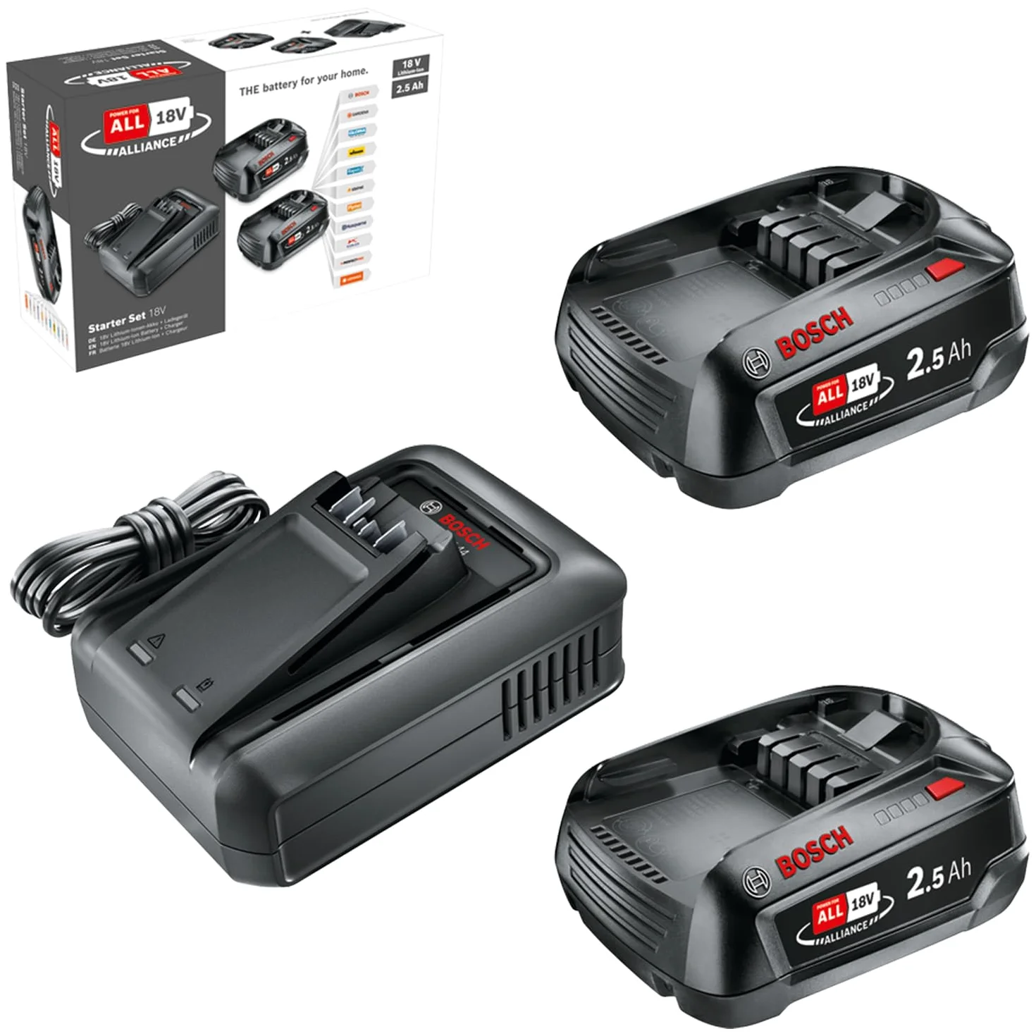 Bosch Starter Set 18V - akumulator i szybka ładowarka (2 akumulatory Li-ion 2,5 Ah, szybka ładowarka POWER FOR ALL 18V Alliance)