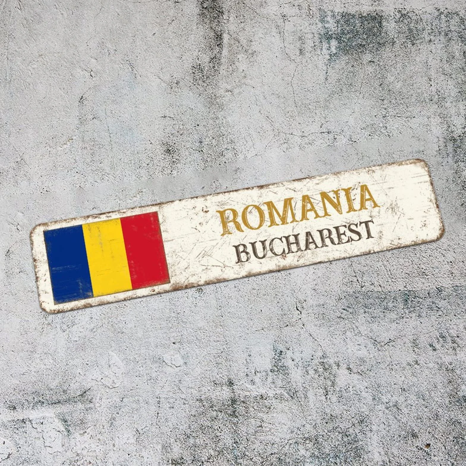 Rumunia retro metalowa tablica blaszana znak miasto Bukareszt 7,6 cm x 30,5 cm