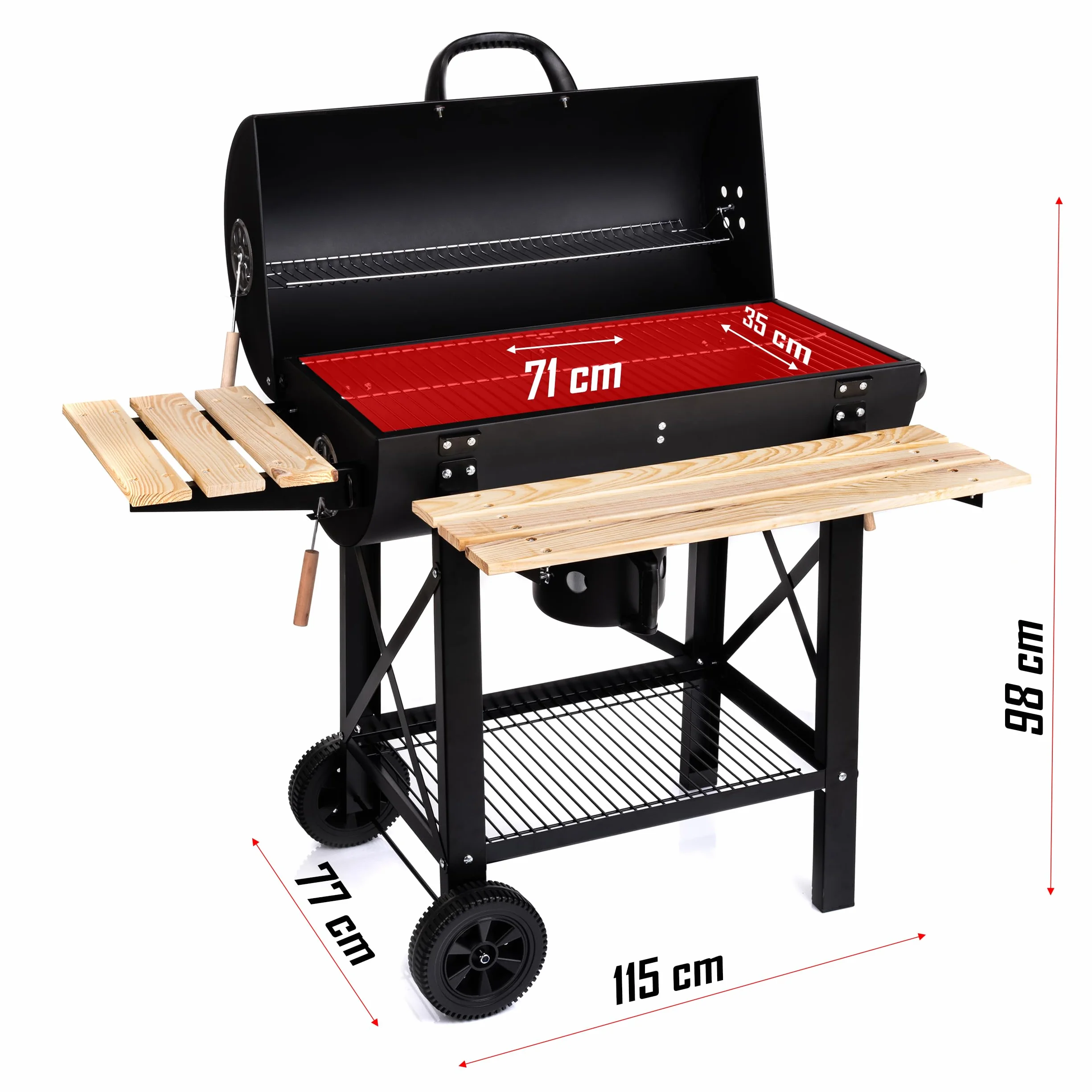 LEHMANN Grill węglowy z rusztem do gotowania, XL, z dwiema drewnianymi półkami, pokrywą, kółkami i nieogrzewanym uchwytem, grill węglowy do ogrodu, na taras, kemping