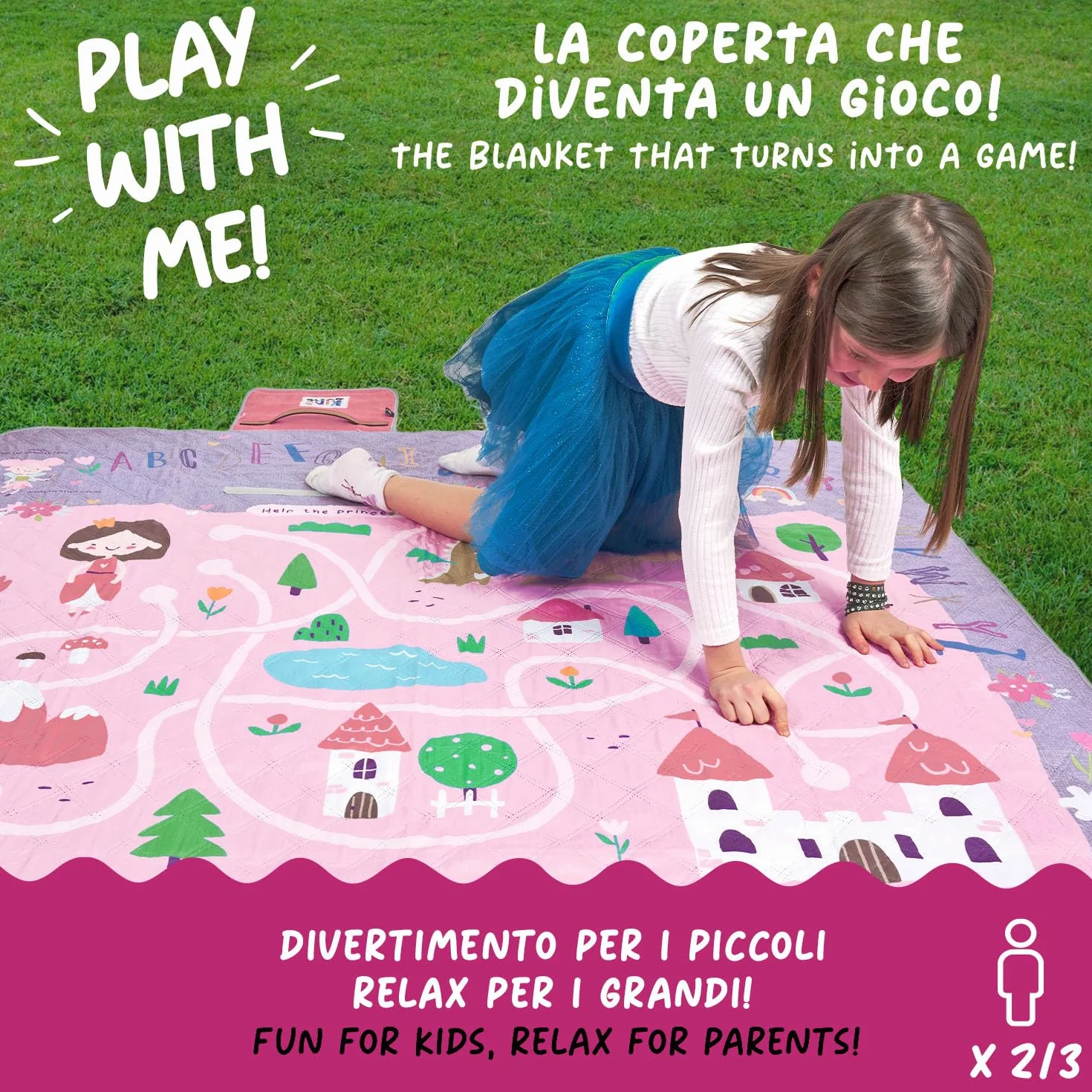 Wodoodporny Koc Piknikowy dla Dzieci 150x150 - Duży Ręcznik na Piknik Plaża Ogród Góra Park - Składany Dywan Kempingowy (Bajkowy Zamek)