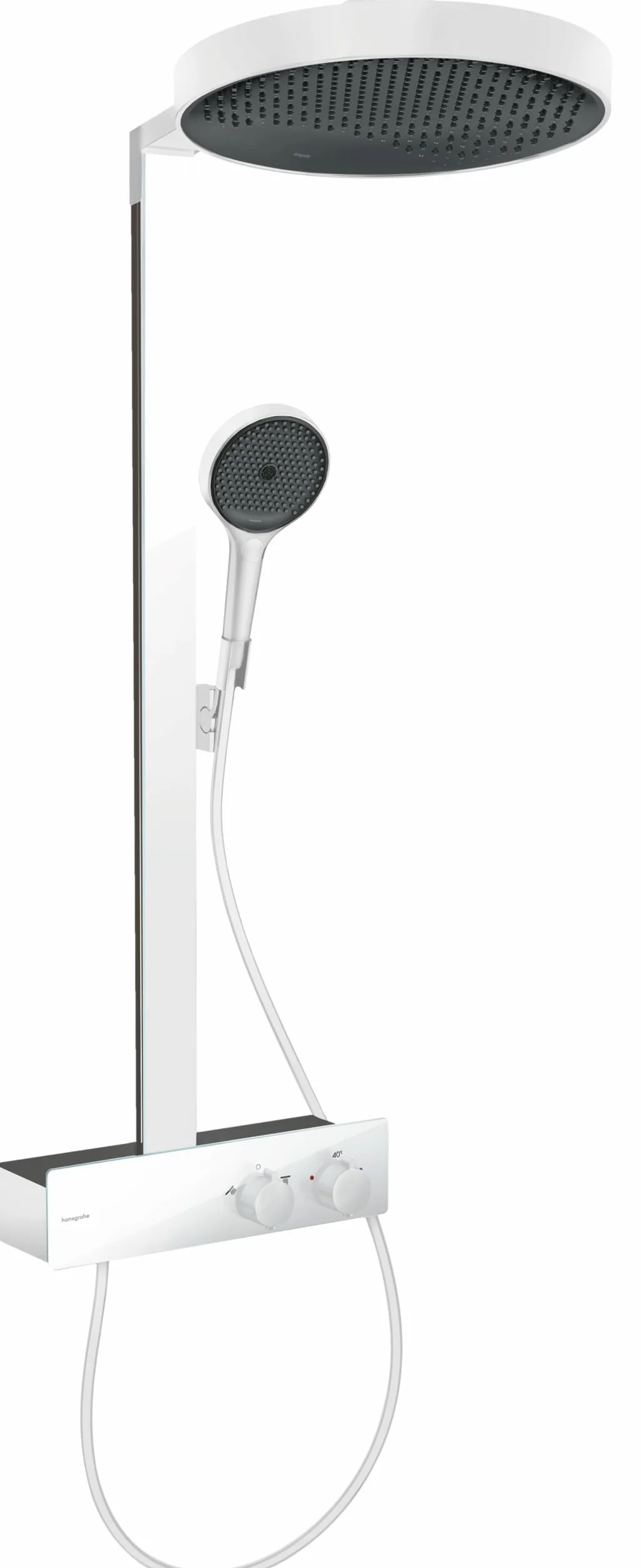 hansgrohe Rainfinity - komplet prysznicowy z termostatem, zestaw prysznicowy z główką prysznicowa 3-strumieniowa, wąż, szyna i deszczownica okrągła 1-strumieniowa (⌀ 360 mm), biały matowy