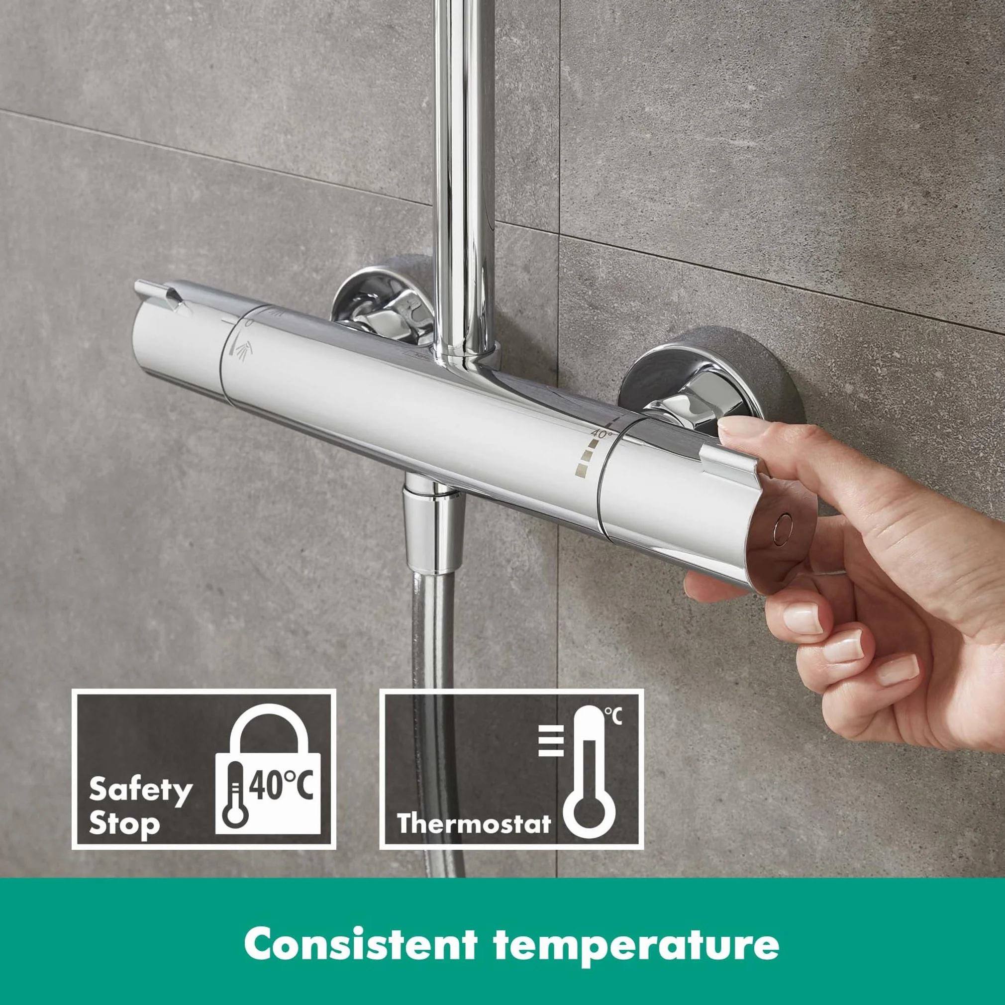 hansgrohe Crometta S - oszczędzający wodę komplet prysznicowy (EcoSmart) z termostatem, zestaw prysznicowy z główką prysznicowa, wąż, szyna i deszczownica okrągła (⌀ 240 mm), chrom, 27268000