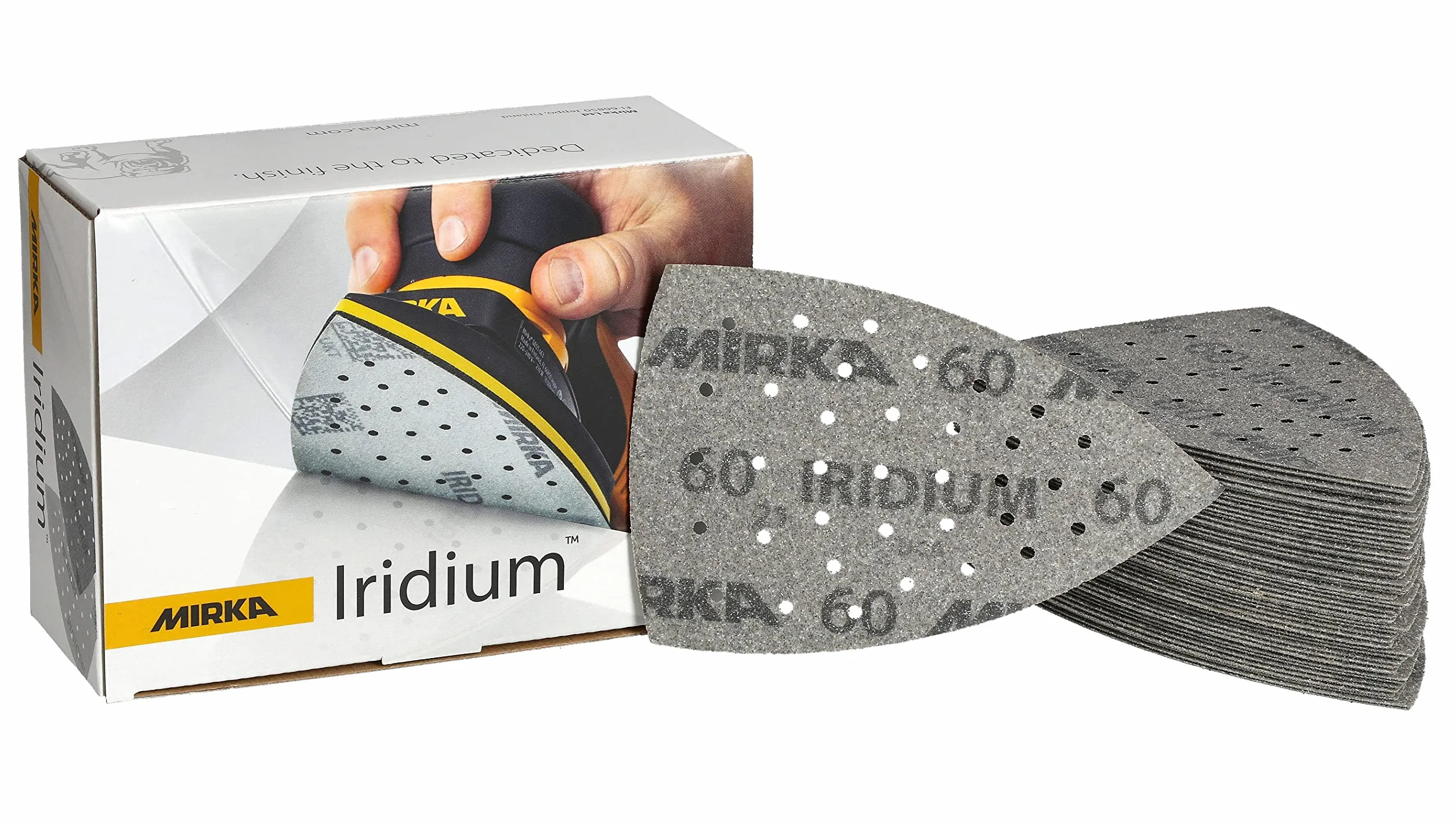 Mirka - papier ścierny - Iridium Delta 100x152x152 mm 36 otworów rzep | Trójkątny papier ścierny do lakieru szpachli podkładu drewna stali materiałów mineralnych tworzyw sztucznych