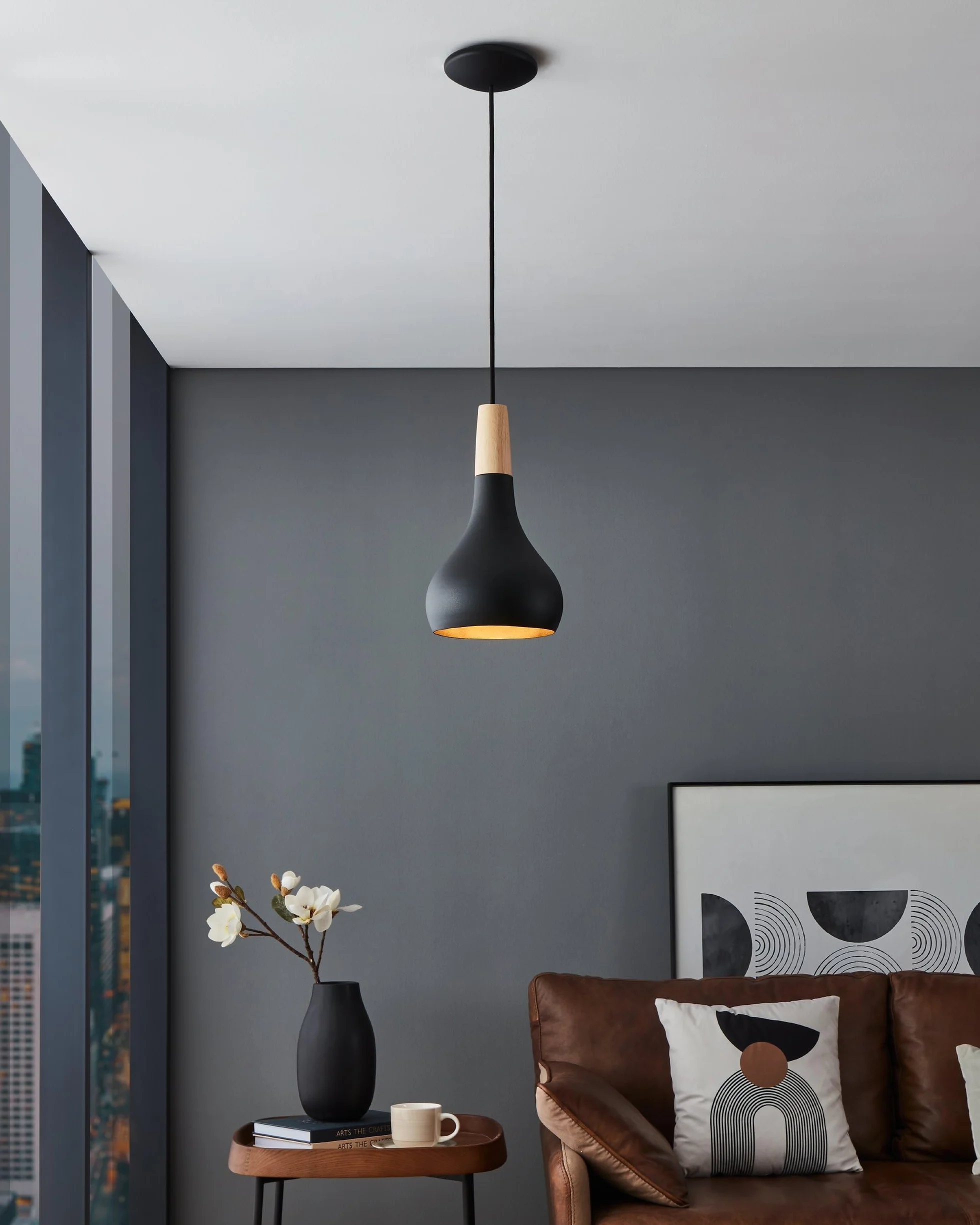 EGLO lampa wisząca Sabinar, lampka do salonu i jadalni | światło z metalu w kolorze czarnym i drewna w kolorze naturalnym, FSC100HB, oświetlenie wiszące, oprawka E27, Ø 18 cm