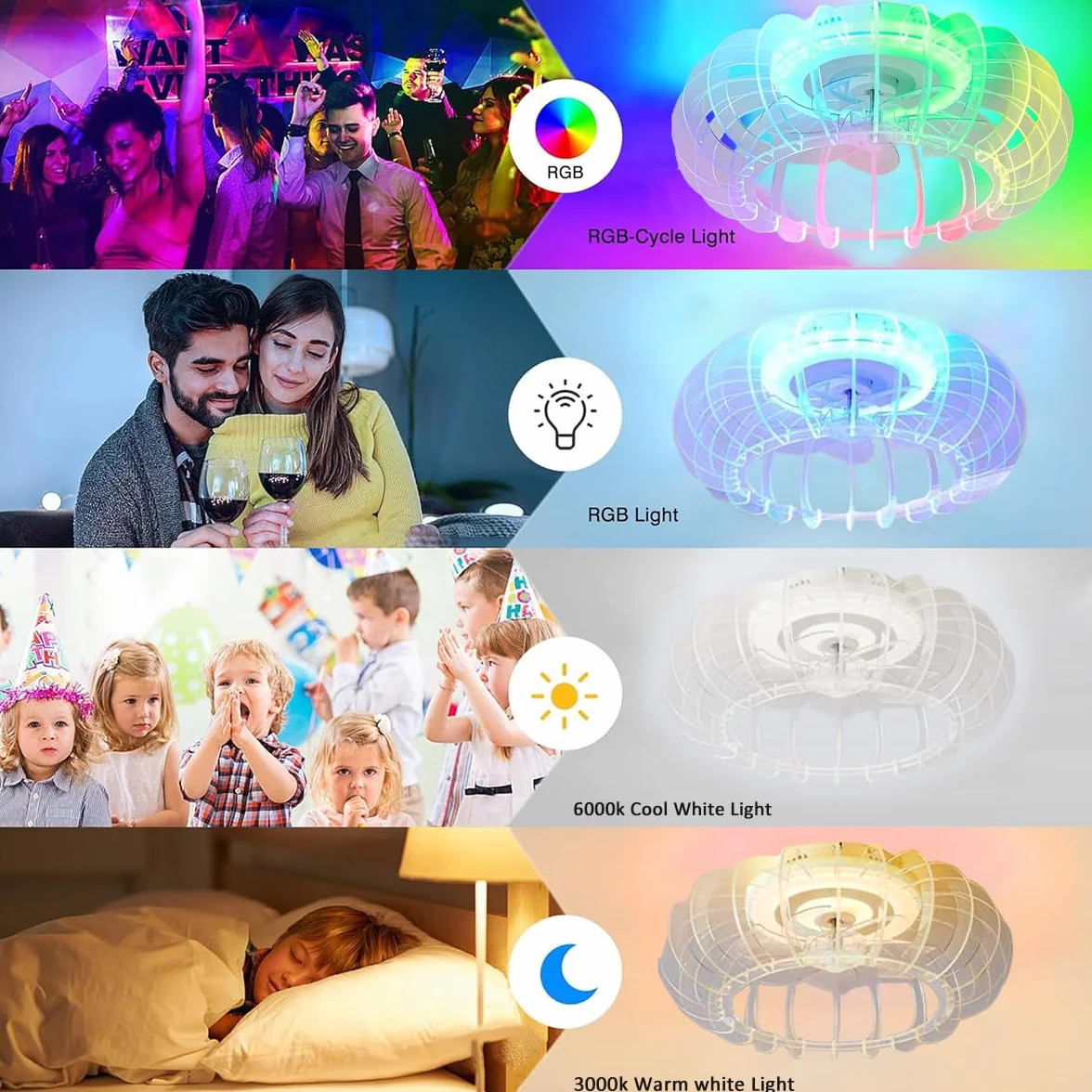 Cichy wentylator sufitowy RGB z oświetleniem LED, lampa sufitowa z wentylatorem i pilotem zdalnego sterowania, ściemniana, lampa do pokoju dziecięcego z głośnikiem Bluetooth, muzyka, lampa sufitowa