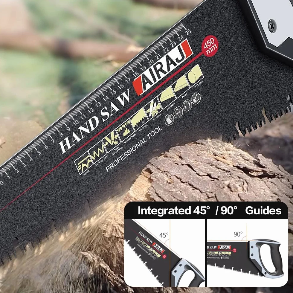 AIRAJ Profesjonalna piła ręczna 450 mm z ogranicznikiem 45° i 90°, wygodna, ergonomiczna rękojeść antypoślizgowa, uniwersalna, idealna do cięcia gałęzi ogrodowych, desek drewnianych i płyt prasowanych