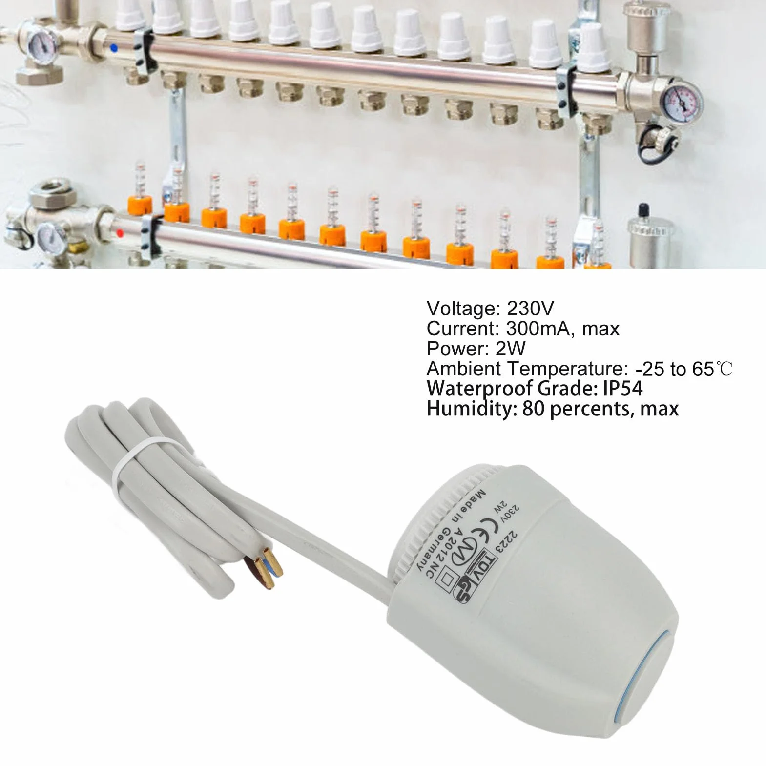 Elektryczny Siłownik Termiczny 2 W, Siłownik do Ogrzewania Podłogowego 230 V Rozdzielacz Zamknięty IP54 Wodoodporny Zawór Termostatyczny do Ogrzewania Podłogowego do Systemu