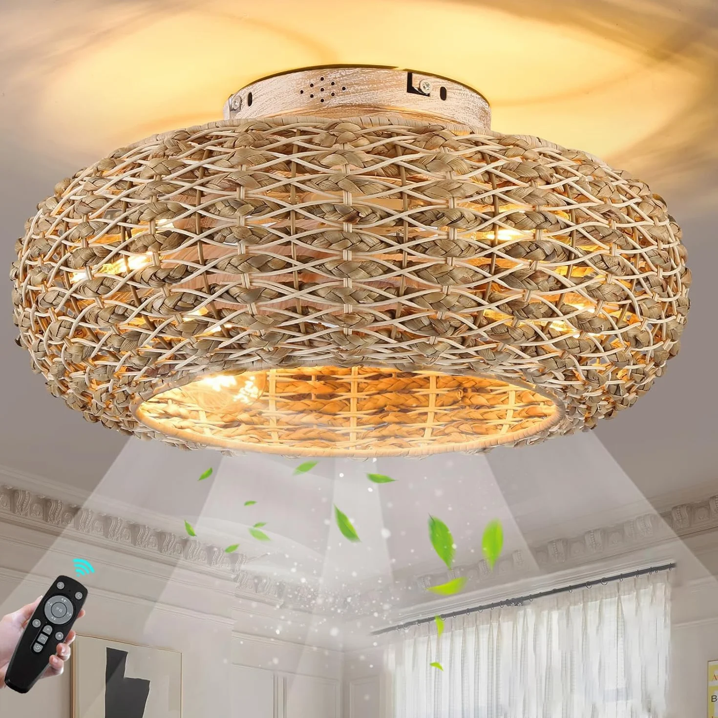 Wentylatory sufitowy z cichą lampą E27, Retro wentylator z pilotem i aplikacją, żyrandol klatka z naturalnego rattanu, tkana lampa do salonu, sypialni, jadalni, kuchni