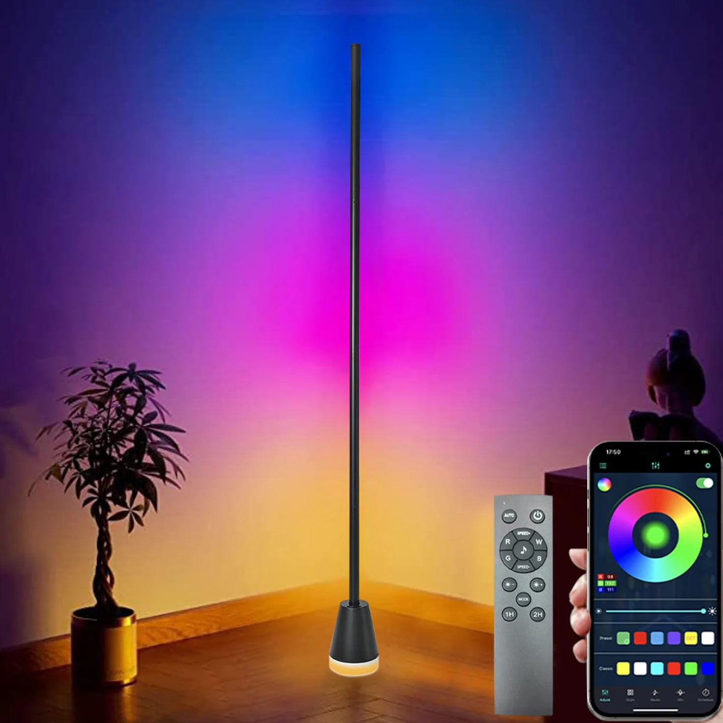 Epicflare Lampa stojąca LED, lampa podłogowa do salonu, 150 cm, z pilotem zdalnego sterowania i aplikacją, tryb "zrób to sam", 16 milionów kolorów, lampa narożna z trybami muzyki i funkcją timera, do