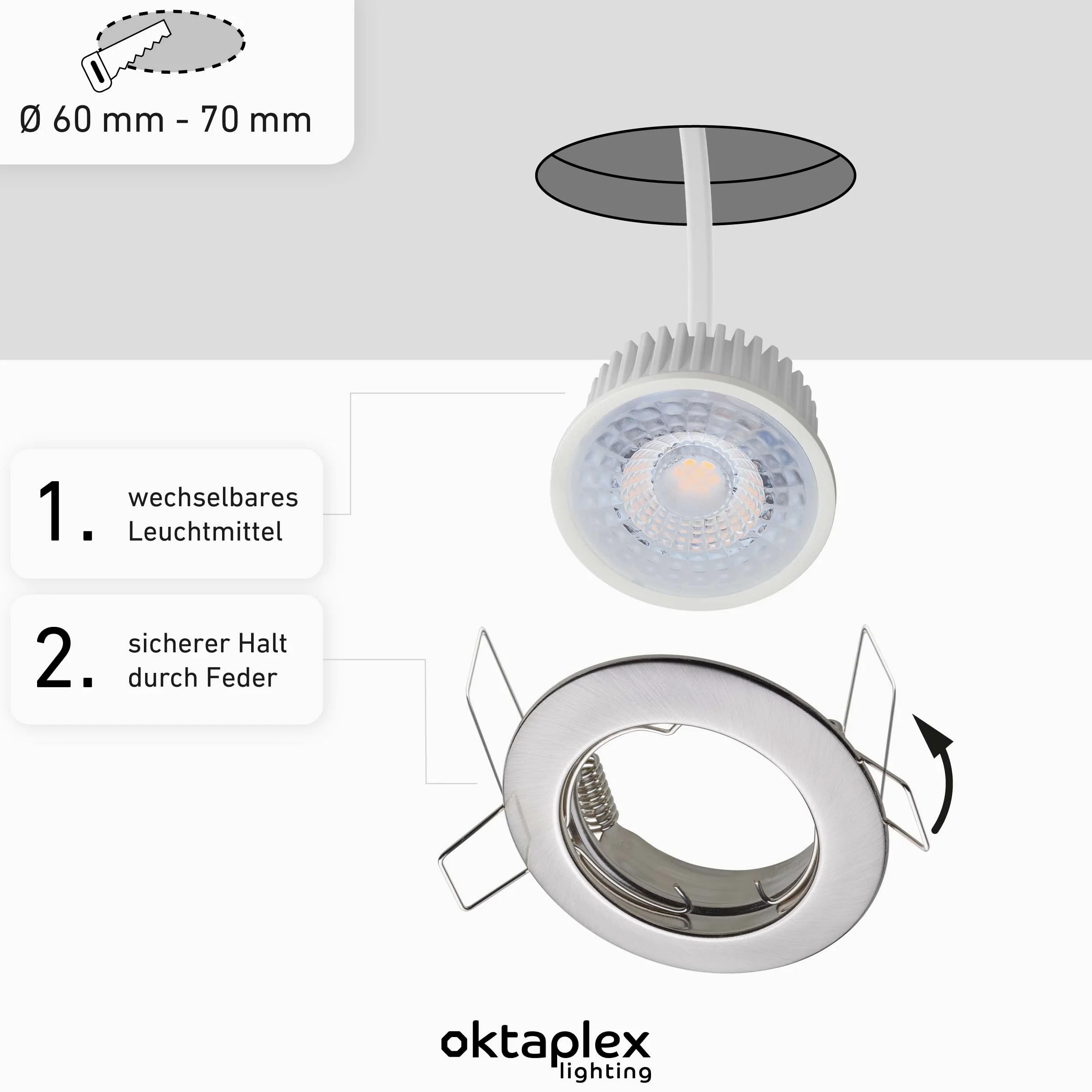 Oktaplex Lighting Zestaw 12 reflektorów LED do zabudowy 230 V – bezstopniowe ściemnianie – 4,9 W 4000 K 370 lm neutralna biel – spot sufitowy stal szlachetna szczotkowana wymiar otworu 60 mm