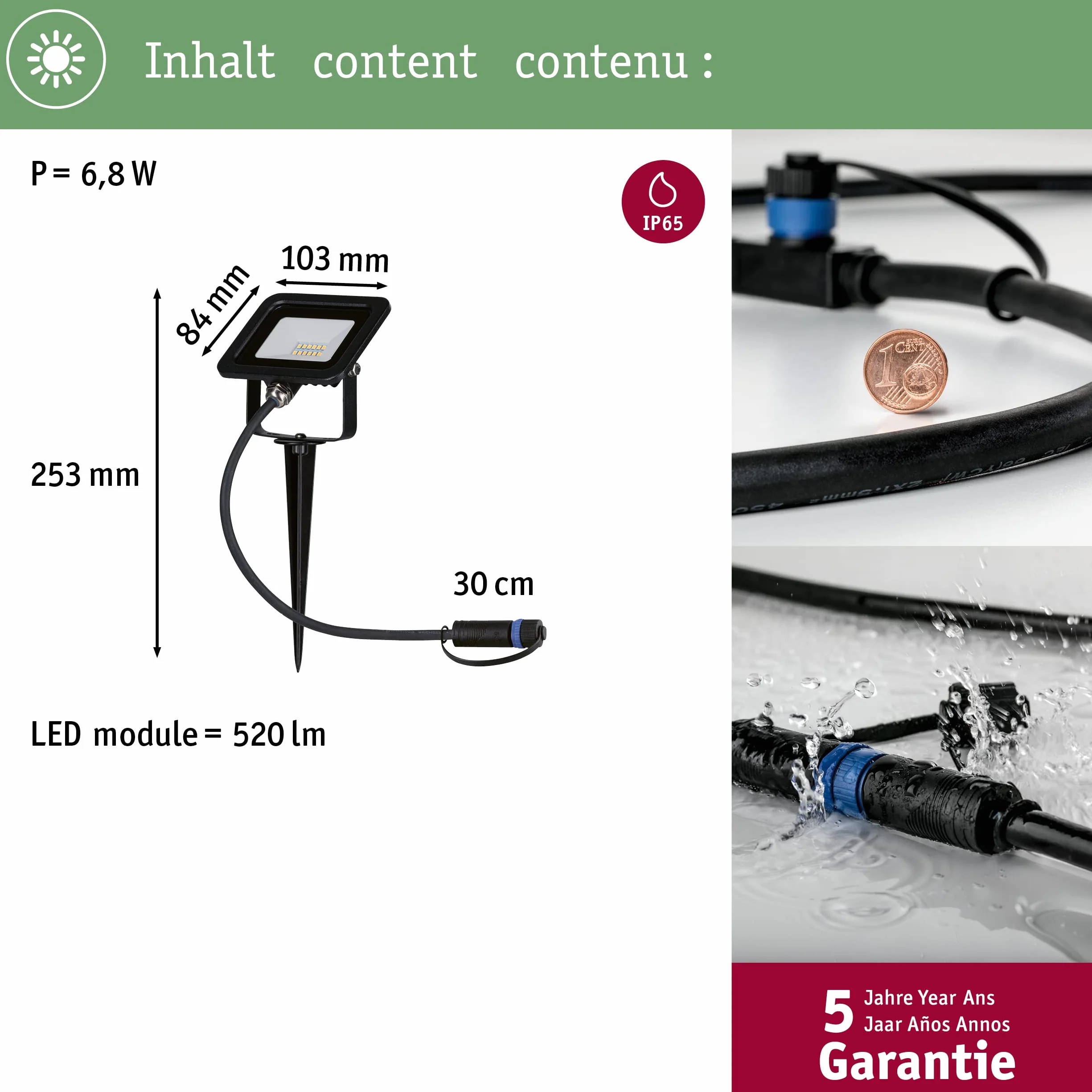 Paulmann 94574 Plug & Shine LED światło zewnętrzne Reflektor ogrodowy Reflektor IP65 Ciepła biel z 1x6,8 W Czarny aluminiowy spot 3000 K