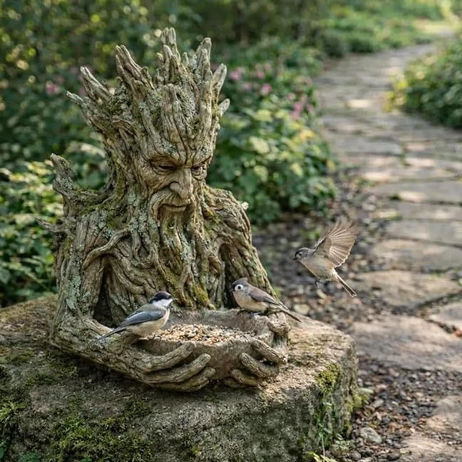 Karmnik dla ptaków, artystycznie zaprojektowany statuetka ogrodowa do karmienia ptaków, dekoracyjny karmnik dla ptaków, do ogrodu, na taras, balkon i na zewnątrz