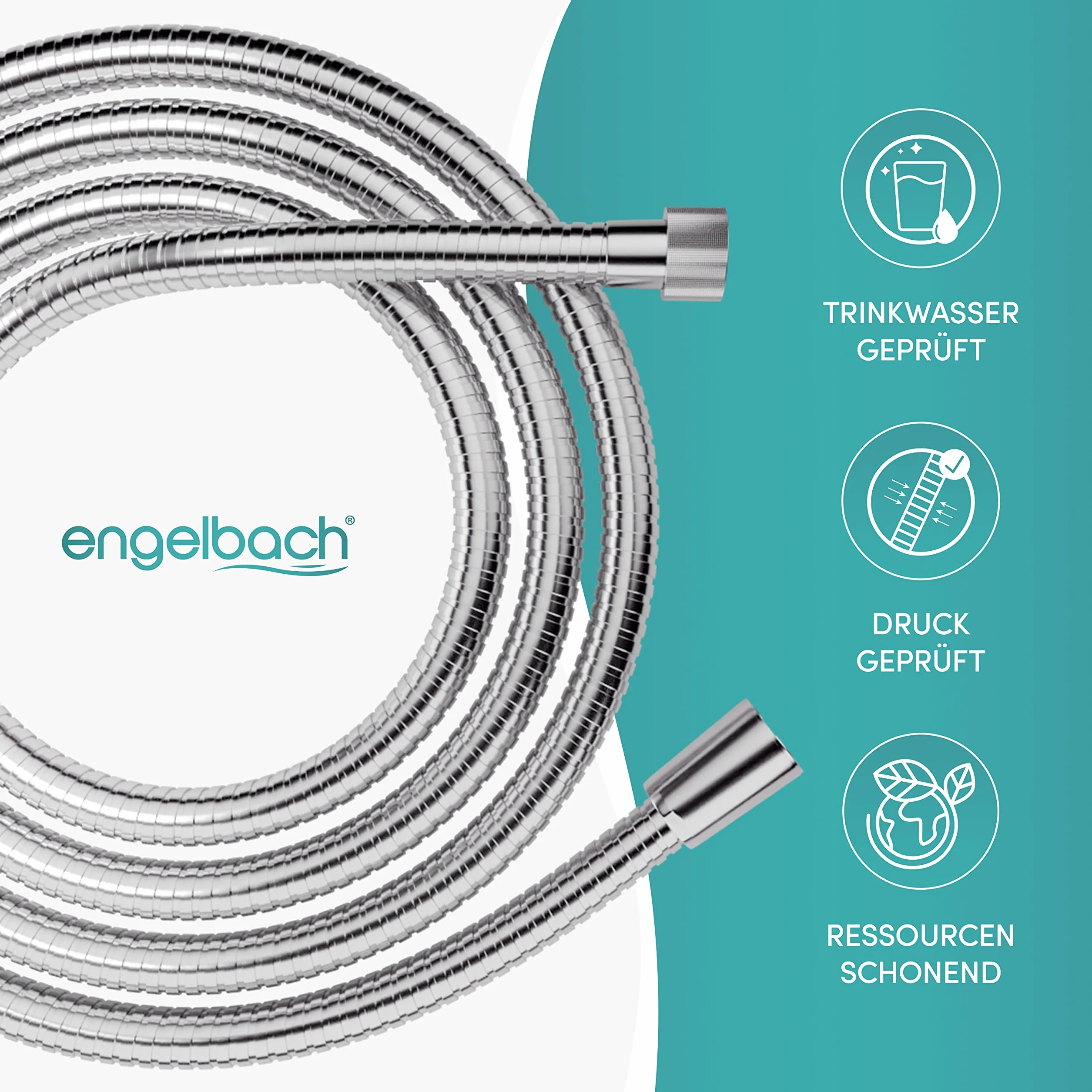 Engelbach® Wąż prysznicowy 1,5 m ze stali nierdzewnej – wąż z prysznicem ze standardowym przyłączem – elastyczny i certyfikowany do wody pitnej – Made in Germany