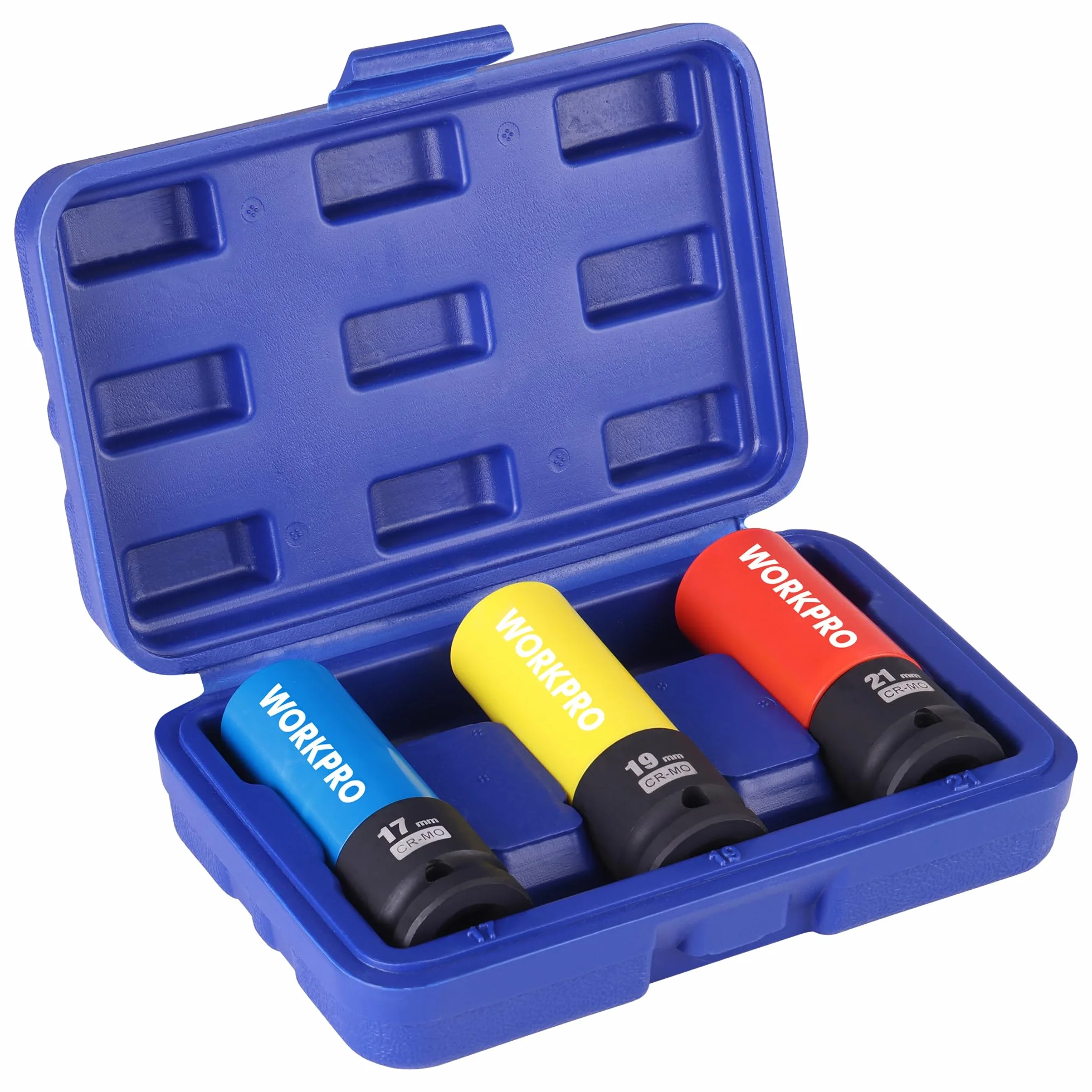 WORKPRO Zestaw nasadek udarowych 1/5.1 cm, 3 szt. cienkościennych nasadek nasadowych, metryczne ochronne gniazdo nakrętki koła 17 mm, 19 mm, 21 mm, z pudełkiem do przechowywania, stalowe gniazda Cr-Mo