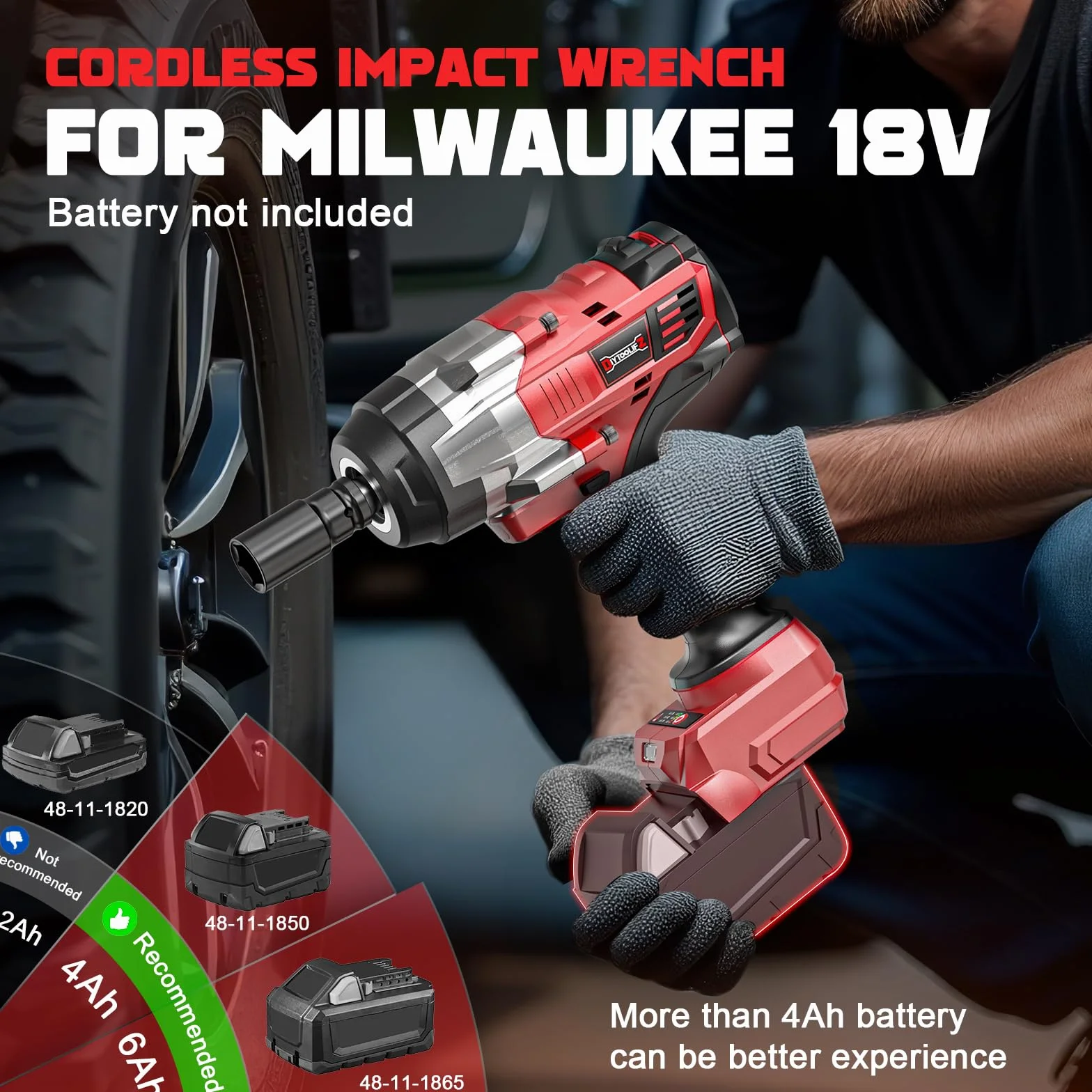 Bezprzewodowy klucz udarowy 1/2 cala do akumulatora Milwaukee 18 V, wkrętarka udarowa o wysokim momencie obrotowym, bezszczotkowy elektryczny pistolet udarowy z 4 trybami i światłem LED do samochodu