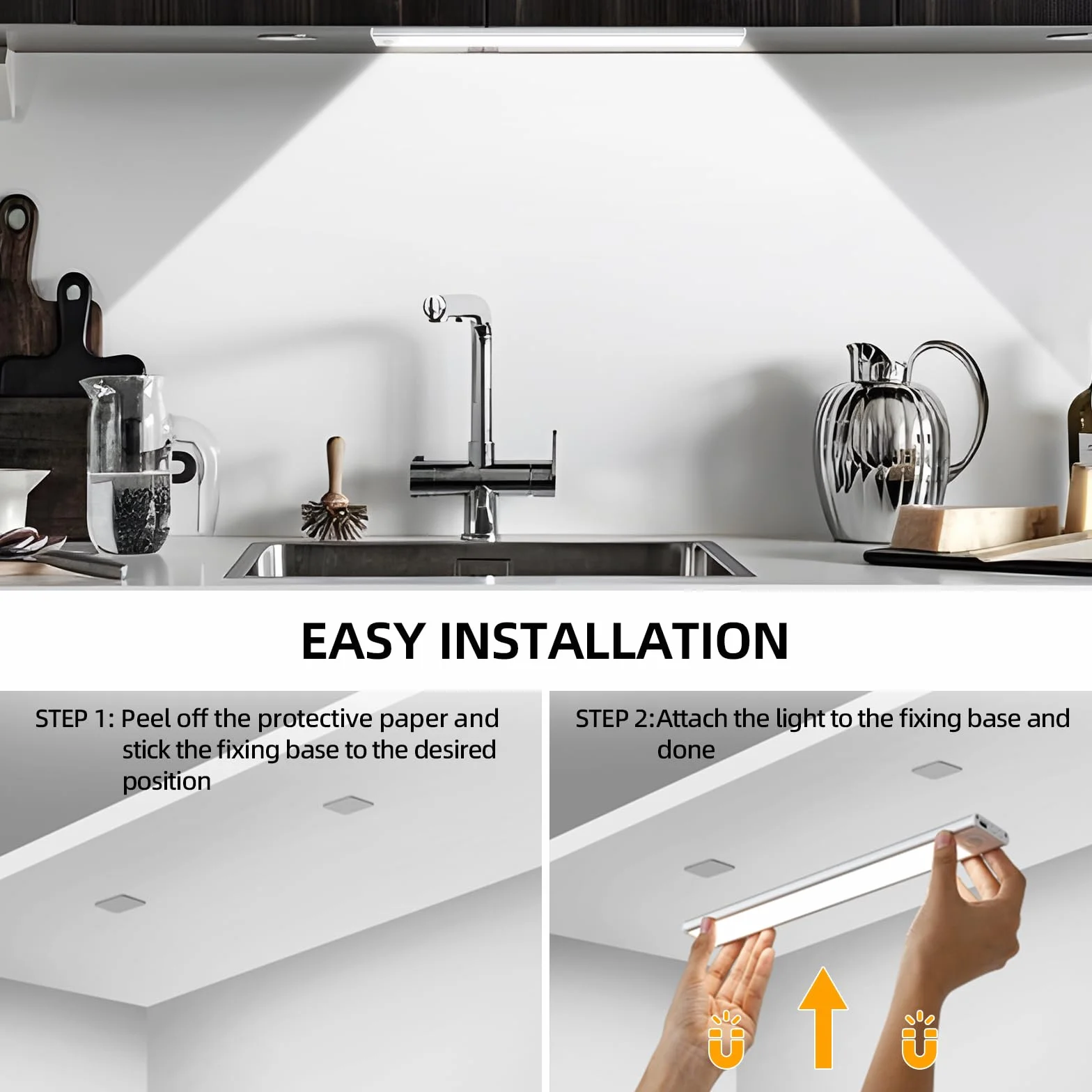 Lampa podszafkowa LED 20 cm, 2 sztuki, oświetlenie szafki dolnej, bezprzewodowa, ładowana listwa oświetleniowa USB, oświetlenie szafki do kuchni, srebrna