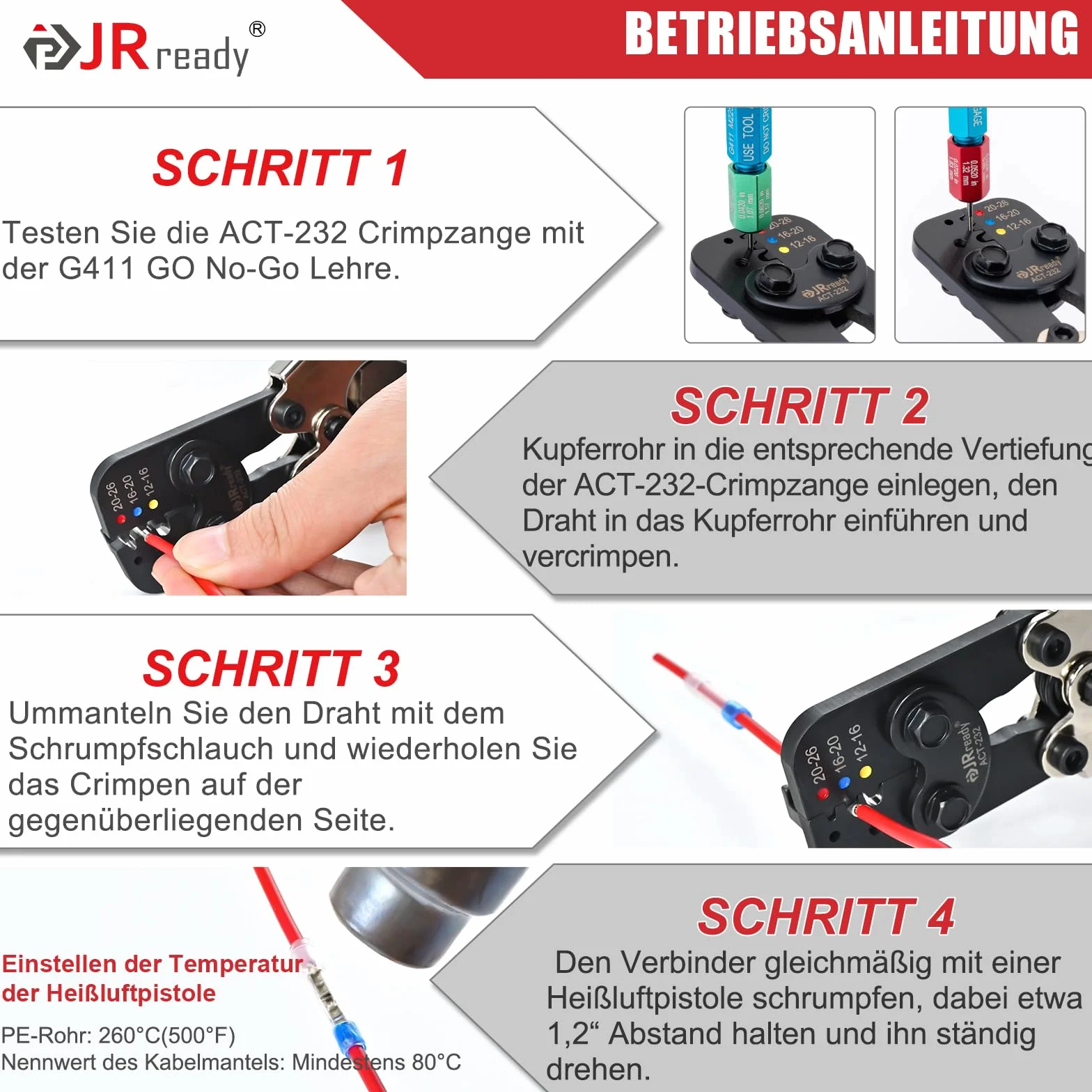 JRready ST6493-010 IP68 Wodoodporny zestaw złączy stykowych z narzędziem do krycia ACT-232, złącza stykowe 12# 16# 20# i złącza stykowe PVDF/PE oraz miernik Go-No Go G411